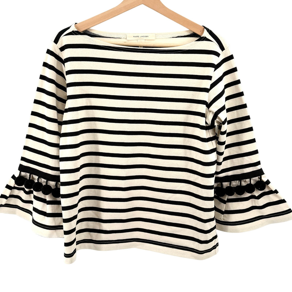 Marc Jacobs Black Ivory Cotton Striped Pom-Pom Bell Sleeve Top