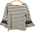 Marc Jacobs Black Ivory Cotton Striped Pom-Pom Bell Sleeve Top