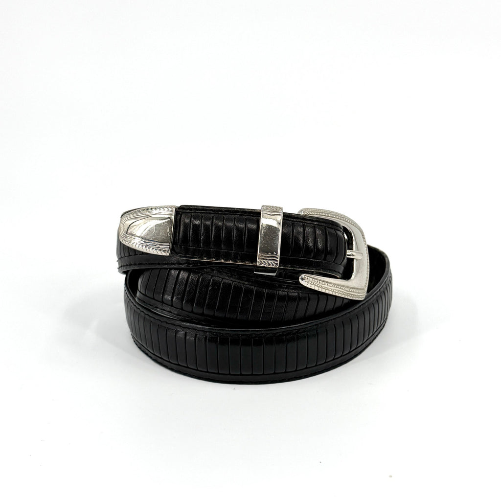 Vintage 90s PGA Tour Black Genuine Leather Western Engraved Silver Tip Belt
