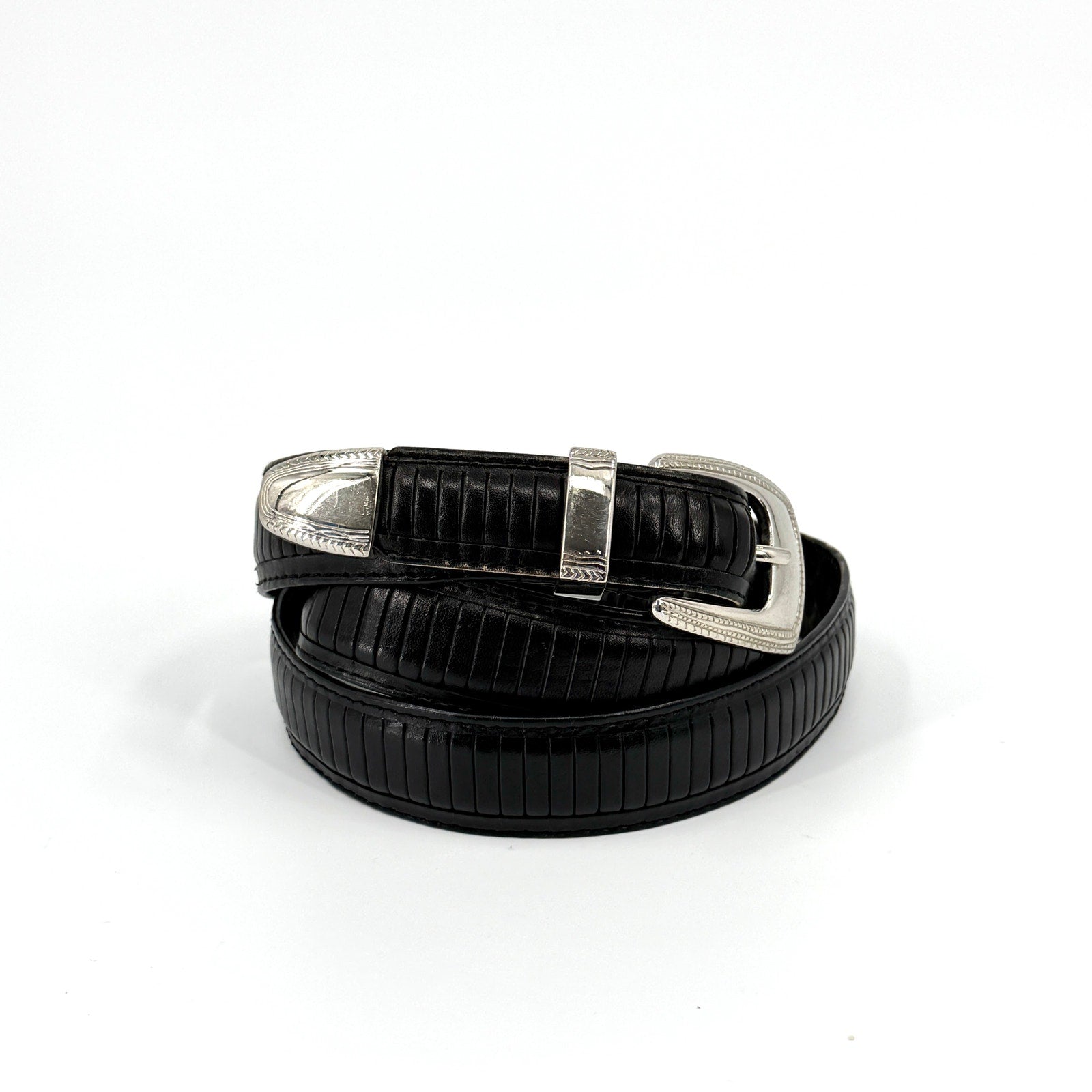 Vintage 90s PGA Tour Black Genuine Leather Western Engraved Silver Tip Belt