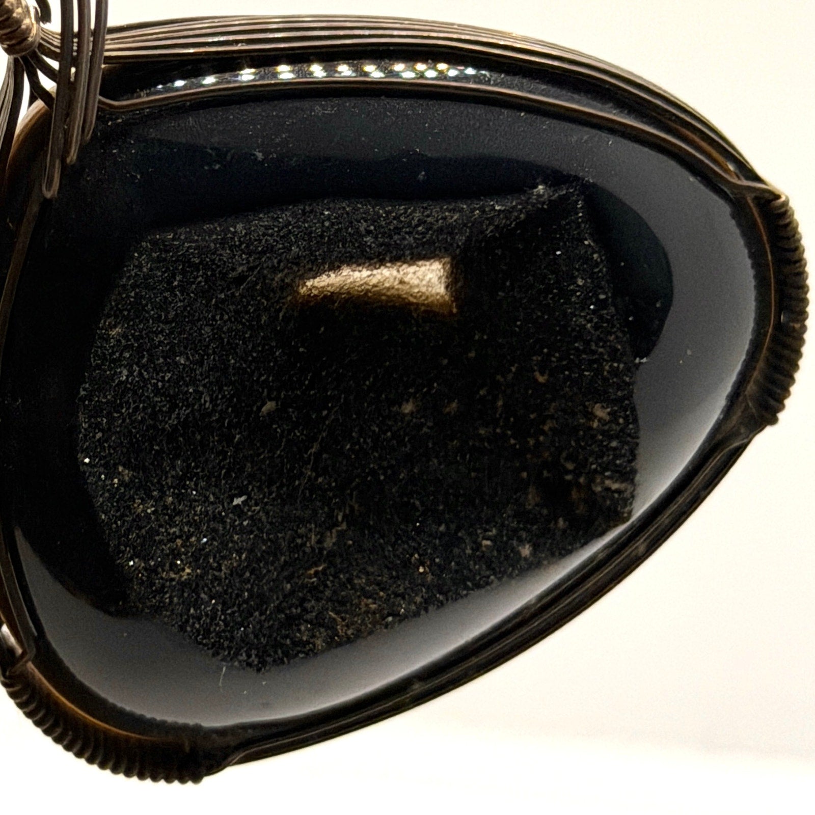 Vintage 90s Black Onyx Druzy Sterling Silver Wire Wrap Trillion Pendant