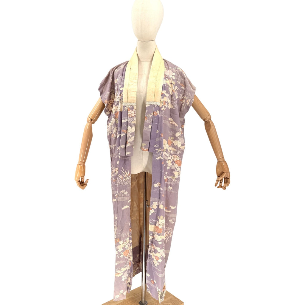 Vintage 50s Showa Era Purple 100% Silk Floral Nagajuban Loungewear Kimono Robe