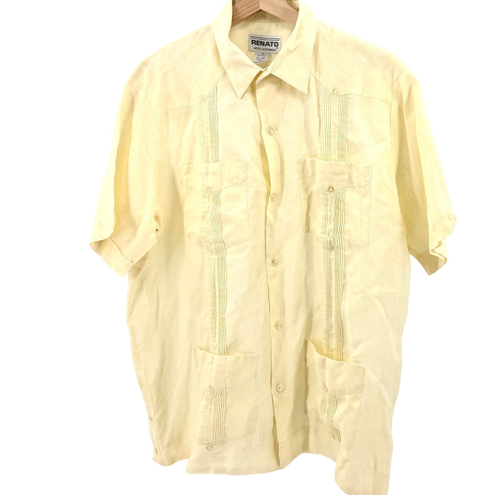 Vintage 90s Renato Collezione Pale Yellow Pintuck Guayabera Cuban Shirt