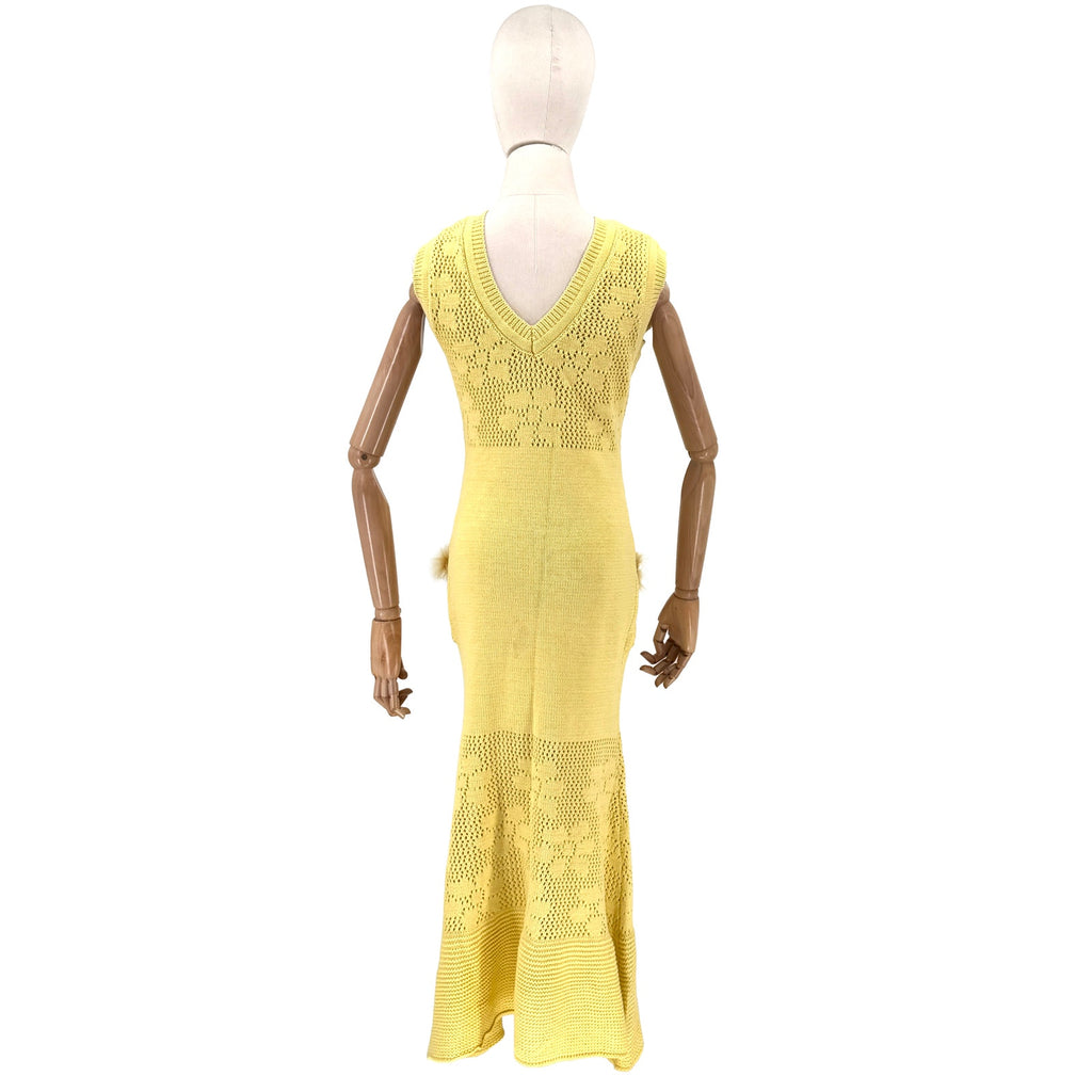 Anewsta Pastel Yellow Feather Trim Pocket Mermaid Knit Sleeveless Dress