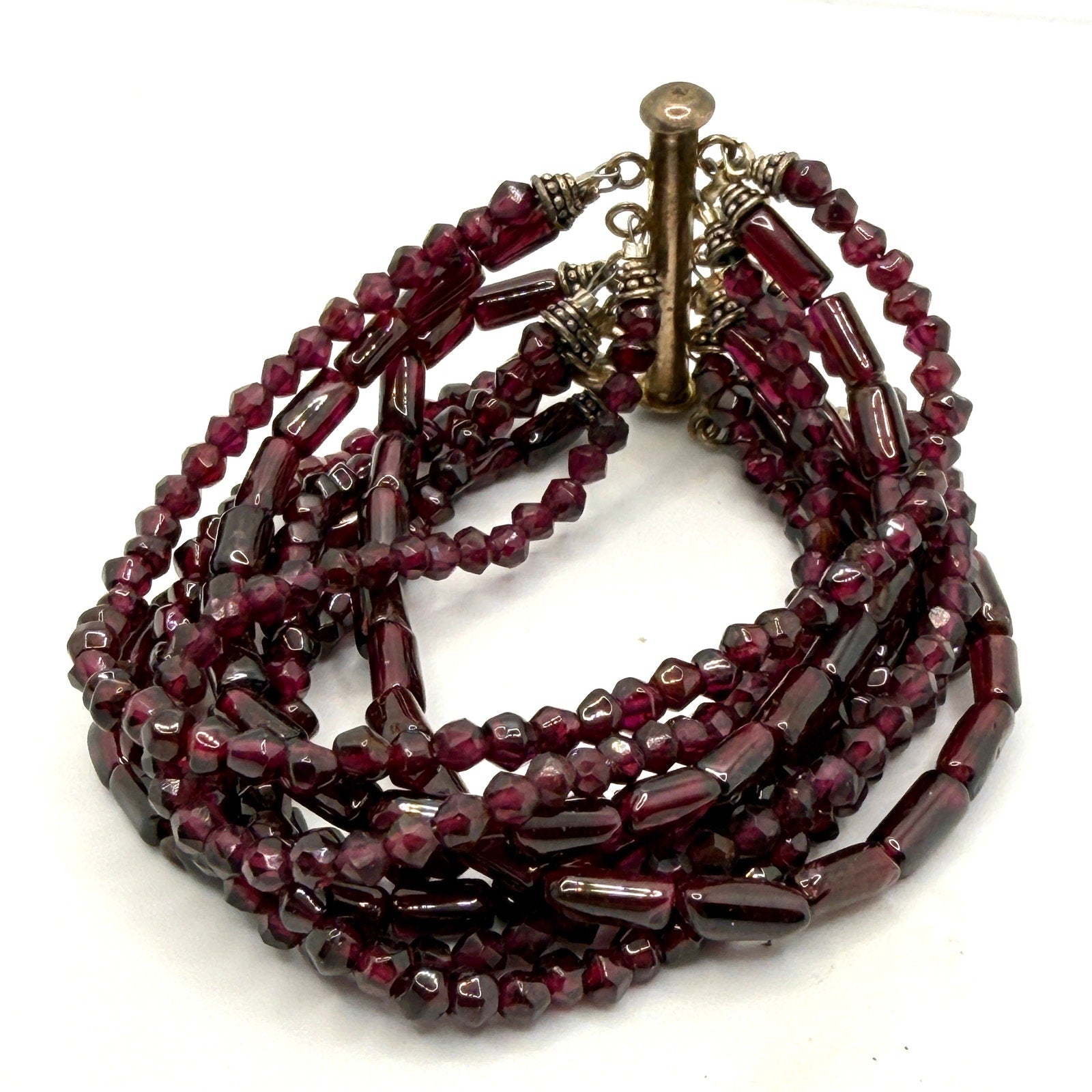 Vintage 90s Red Garnet Boho Multi Strand Beaded Slide Clasp Bracelet