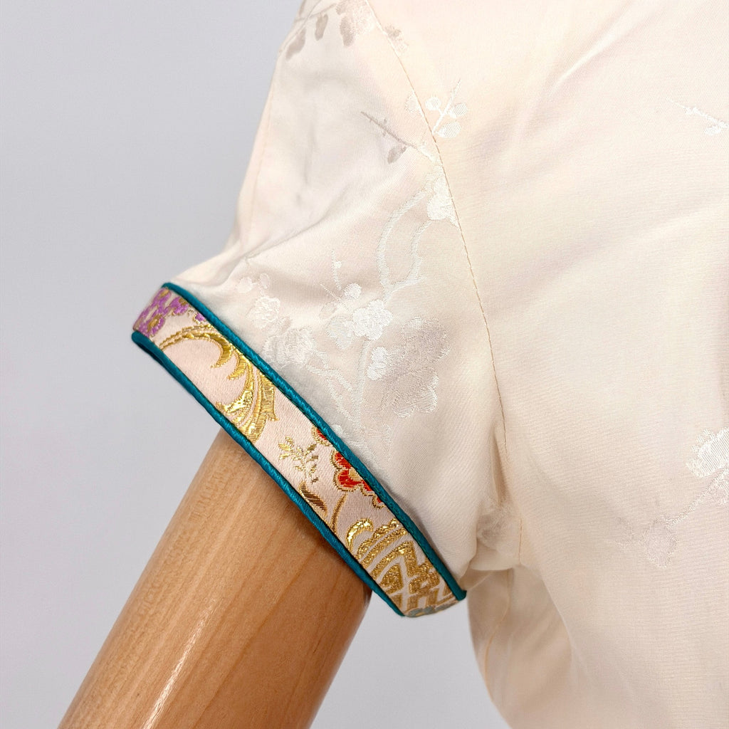 Vintage 90s Cream 100% Silk Brocade Trim Cheongsam Qipao Maxi Dress