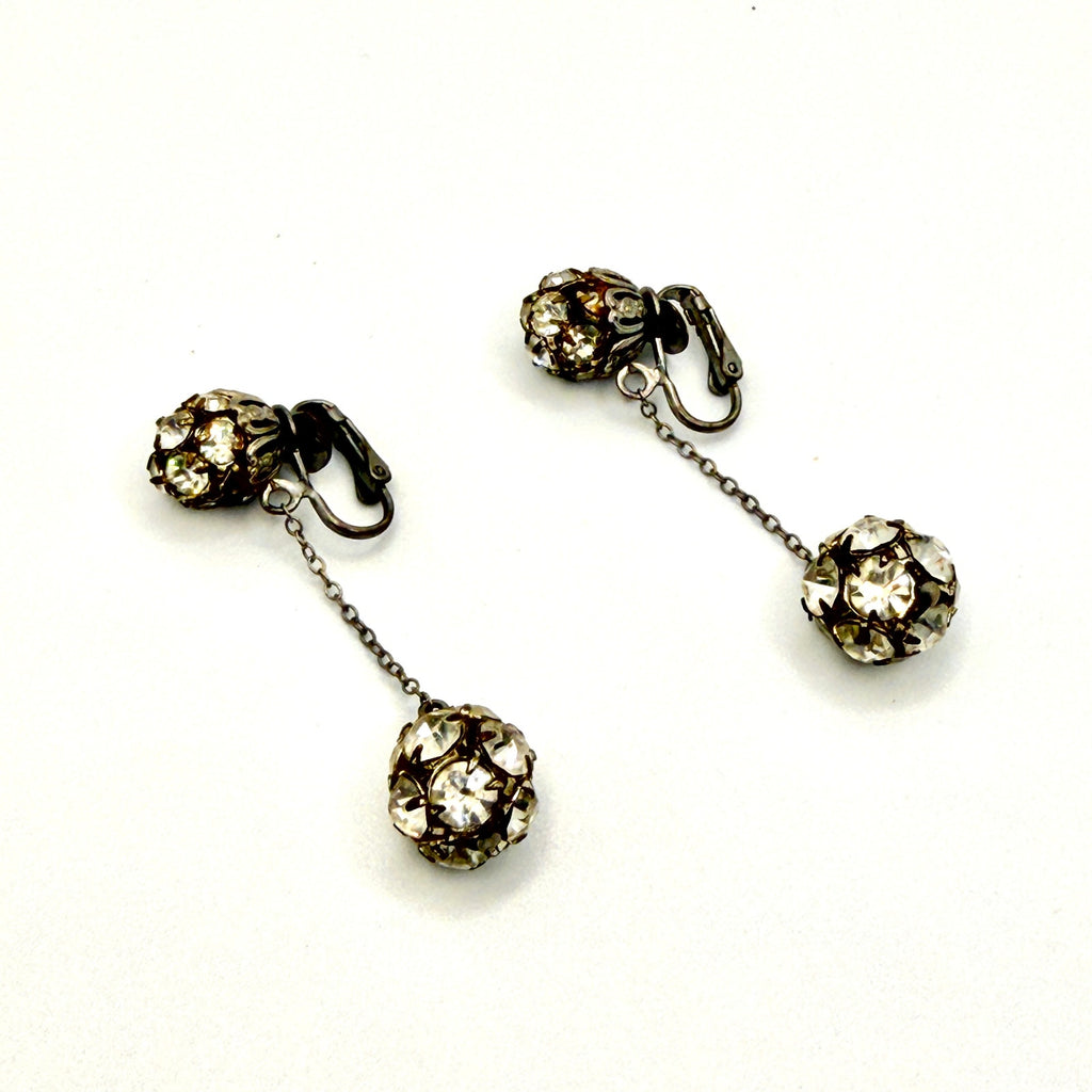 Vintage 60s Silver Clear Rhinestone Midcentury Glamour Dangle Clip-on Earrings
