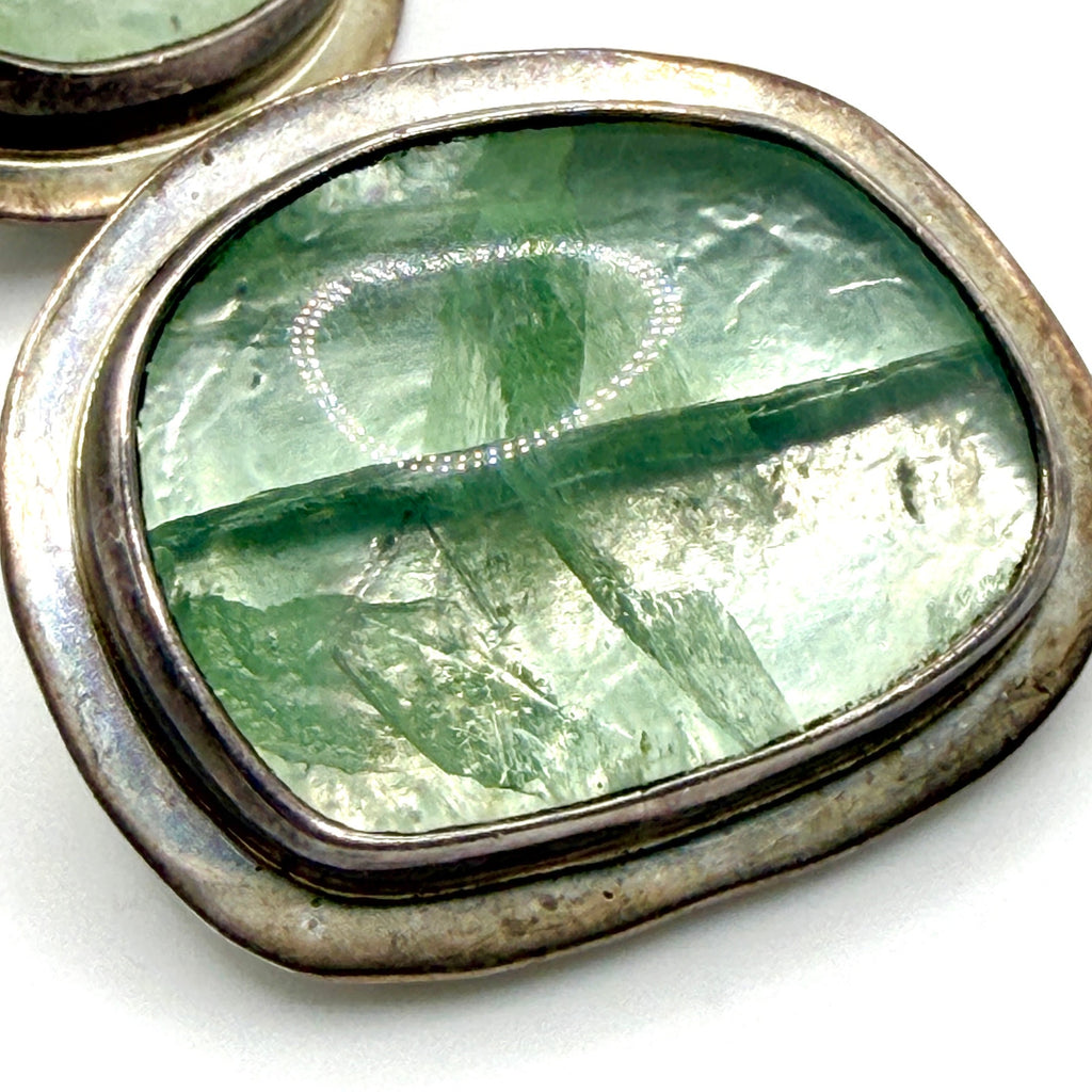 Vintage 90s Seafoam Green Sterling Silver Stamped Modernist Clip On Earrings