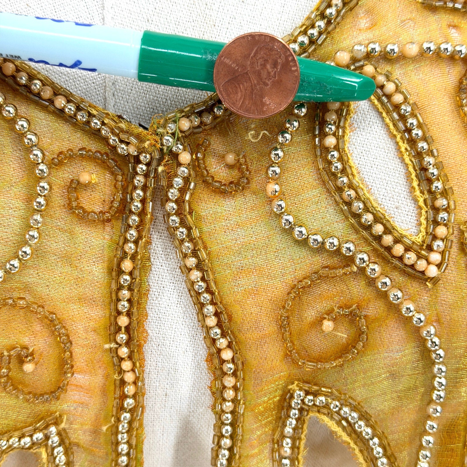 Vintage 80s Tan-Chho Green Gold Maximalist Beaded Sheer Shoulder Pad Duster