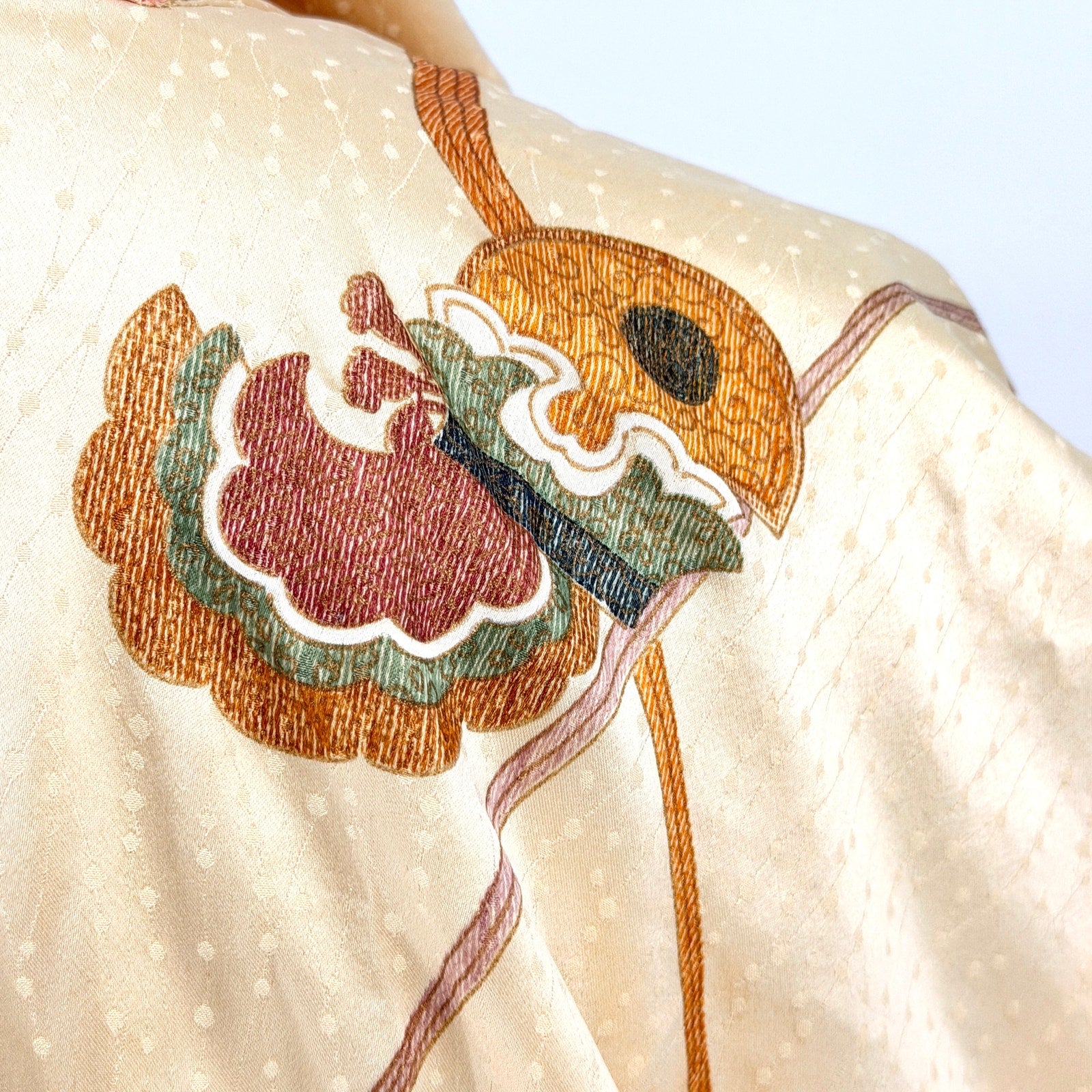 Vintage 80s Yellow Gold 100% Silk Satin Abstract Haori Kimono