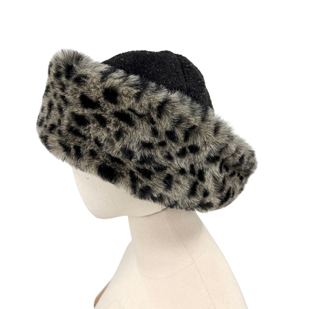 Vintage 90s Tasha Polizzi Gray Black Leopard Cozy Fleece Faux Fur Cossack Hat