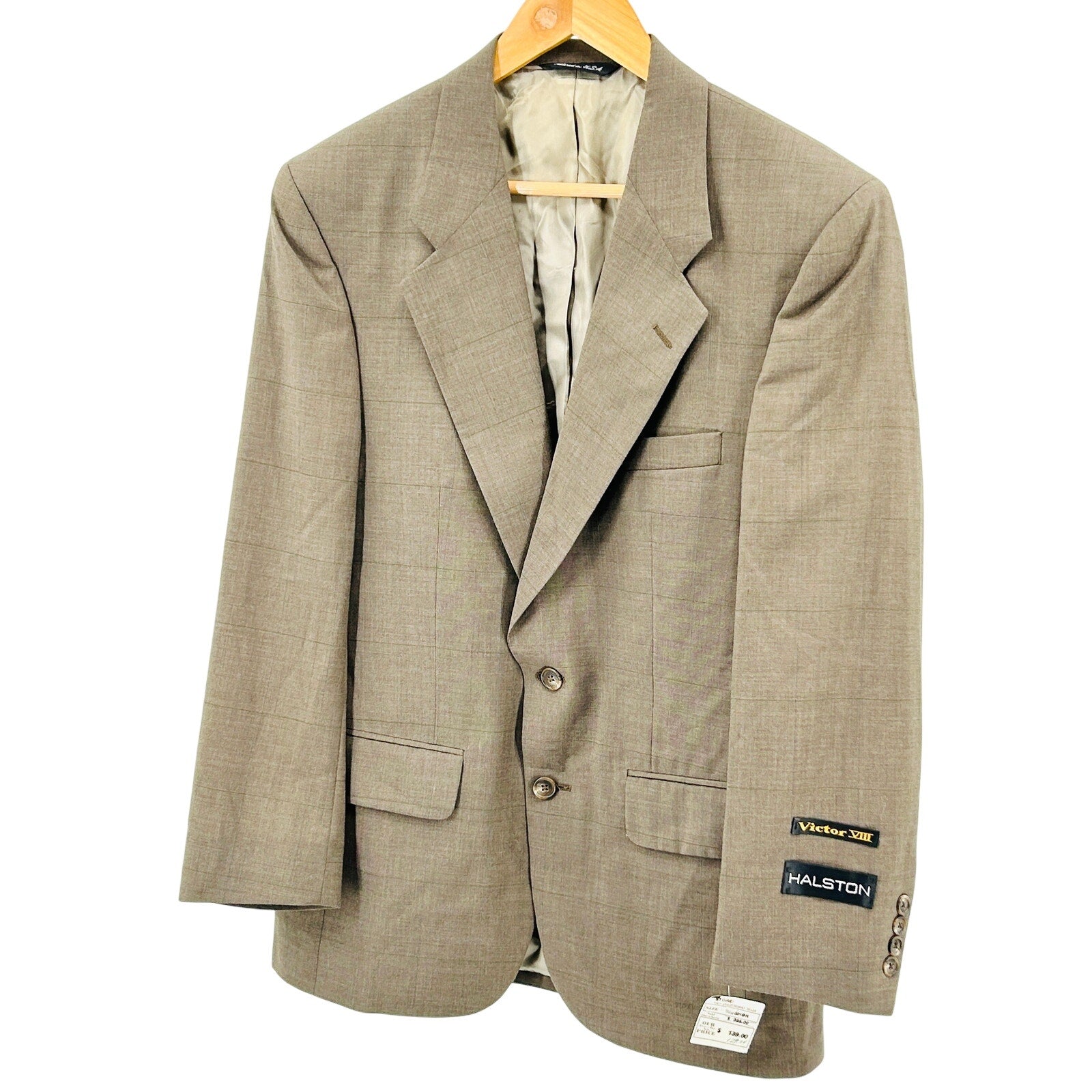 NWT Vintage 90s Halston Wool Blend Taupe Windowpane Two Button Blazer Jacket