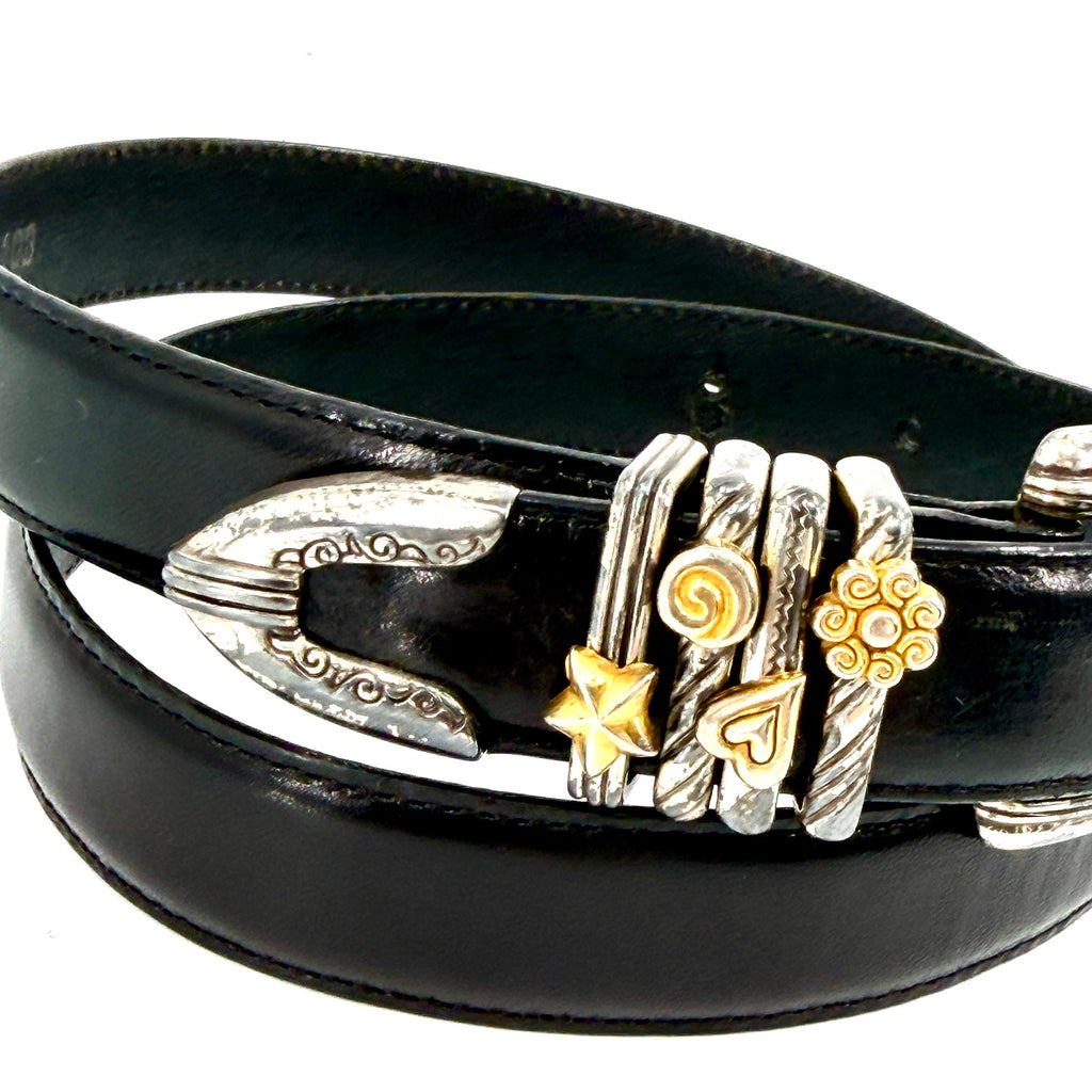 Vintage 90s Brighton Black Genuine Leather Western Heart Star Buckle Belt