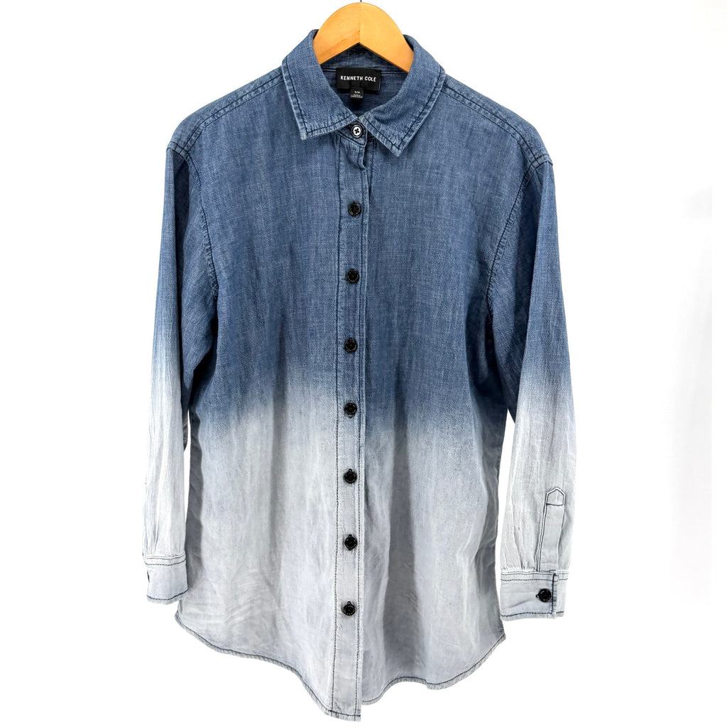 Kenneth Cole Indigo White 100% Cotton Ombre Gradient Denim Button Down Shirt