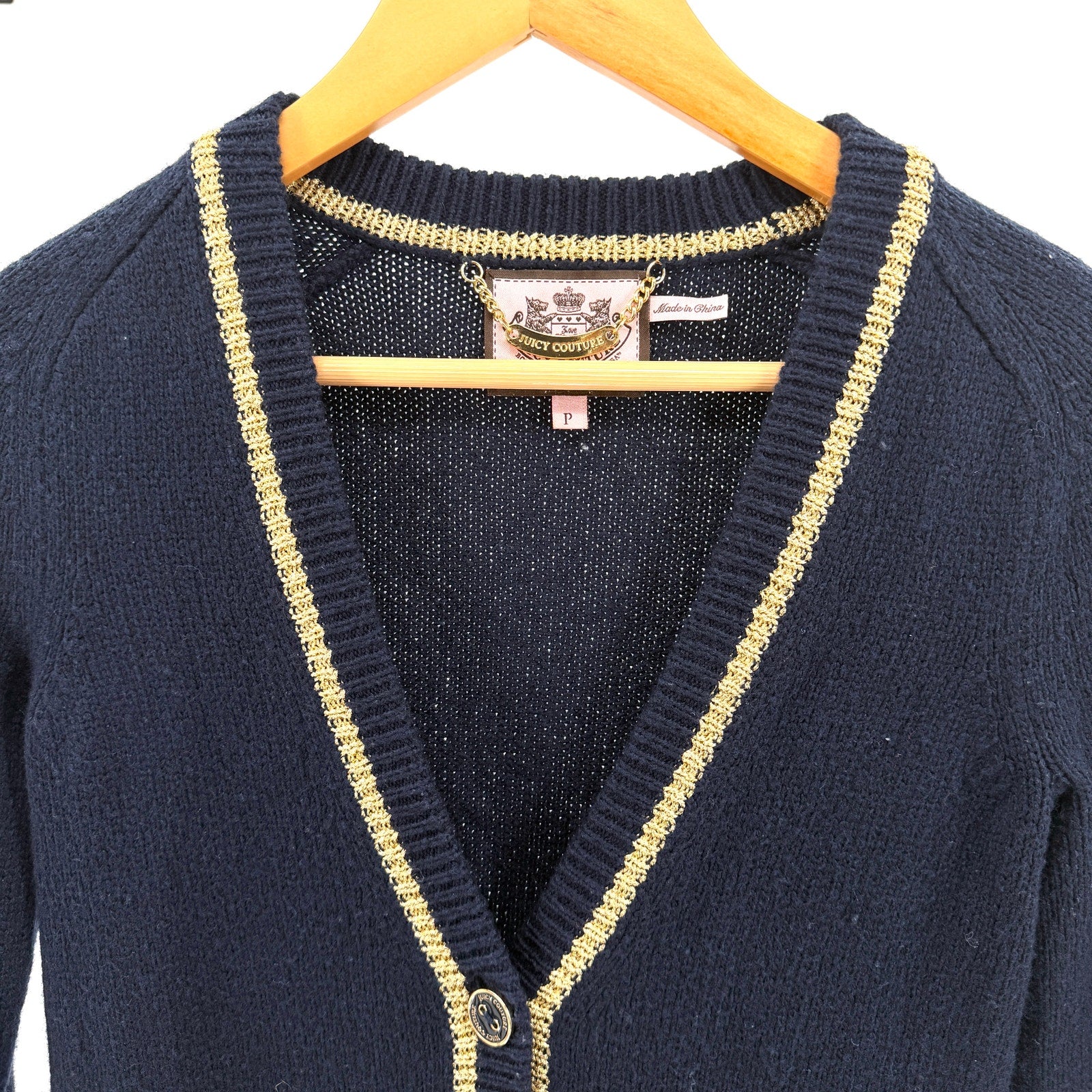 Vintage Y2K Juicy Couture Navy Blue Preppy Gold Metallic Trim Cardigan