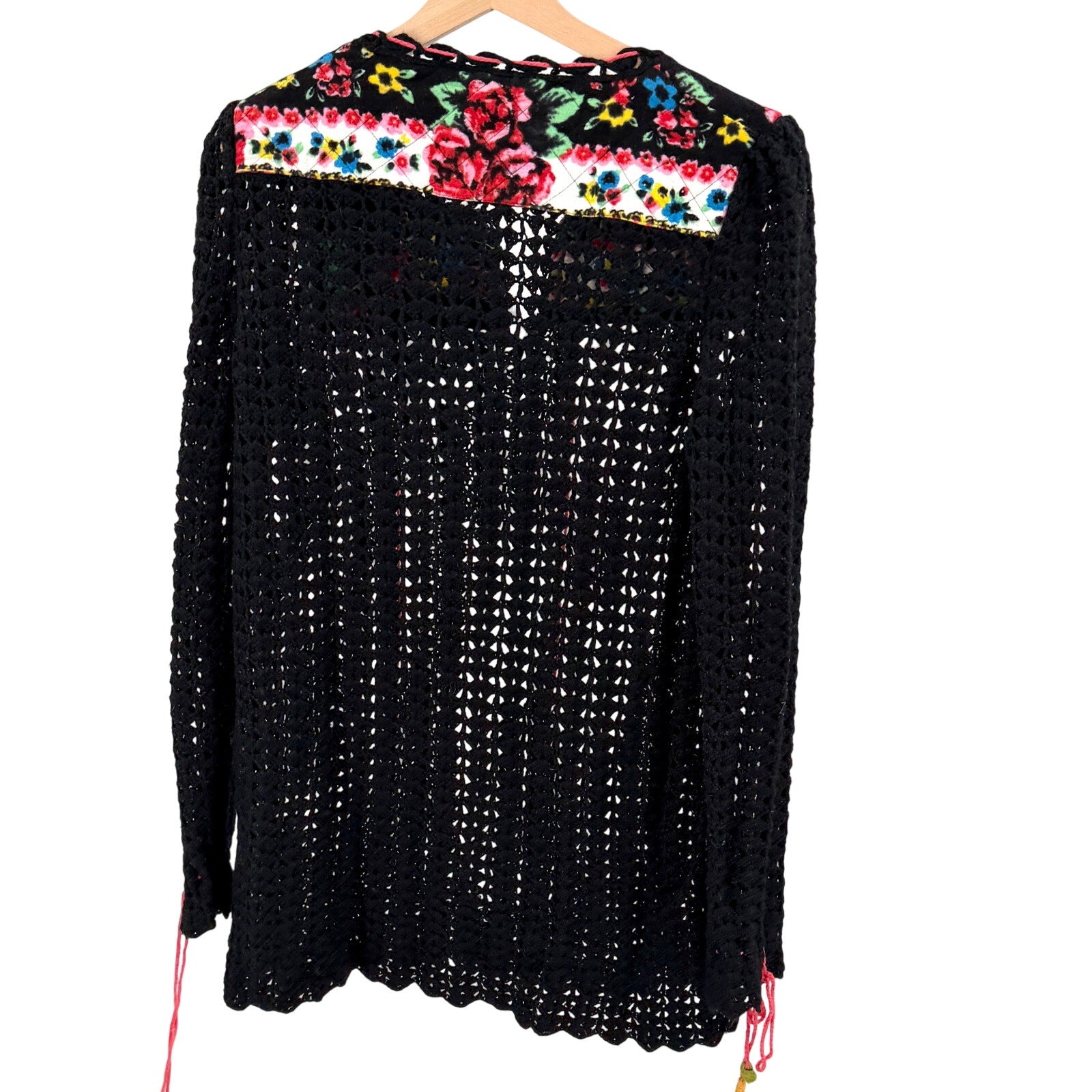 Free People Black Crochet Floral Cottagecore Boho Lace Up Sweater Top