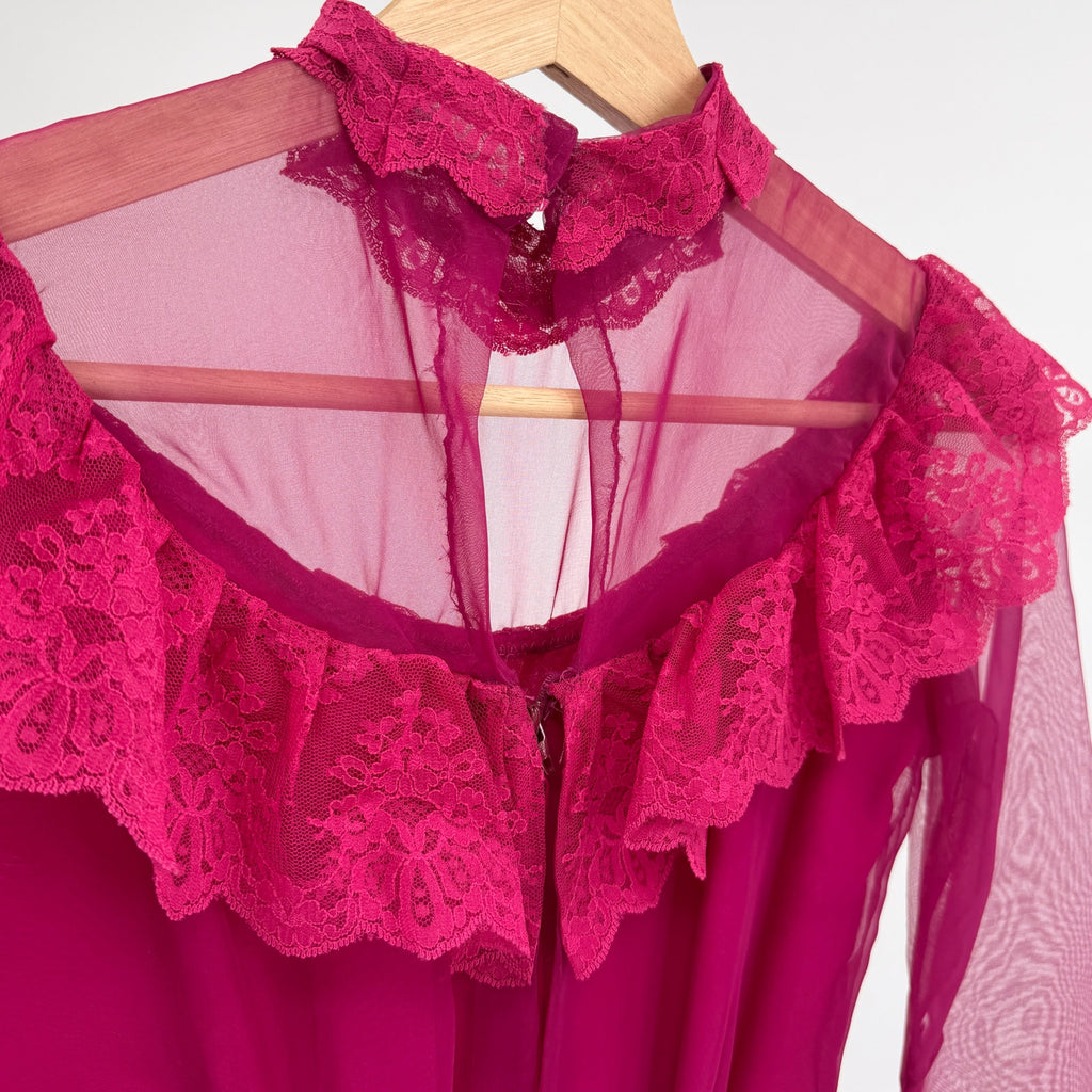 Vintage 70s Handmade Pink Fuchsia Sheer Lace Ruffle High Neck Maxi Dress