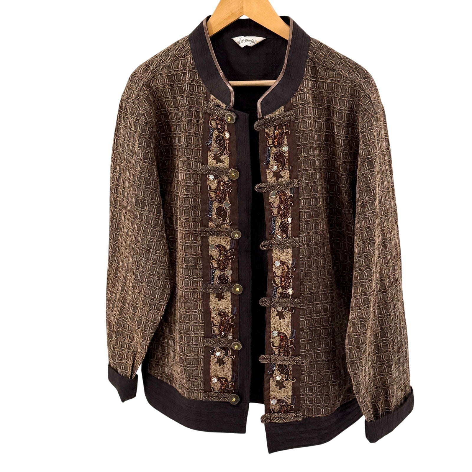Vintage Y2K Brown 100% Cotton Beaded Applique Frog Closure Jacket