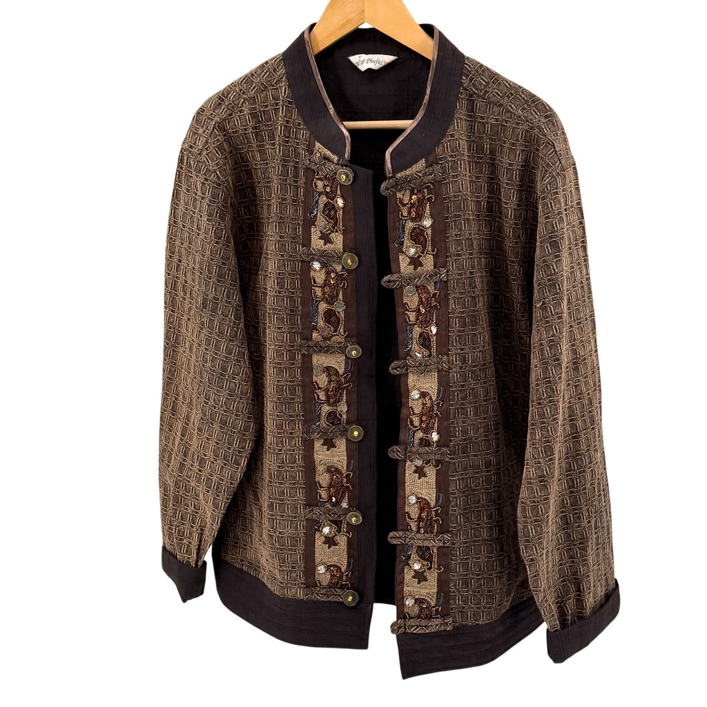 Vintage Y2K Brown 100% Cotton Beaded Applique Frog Closure Jacket