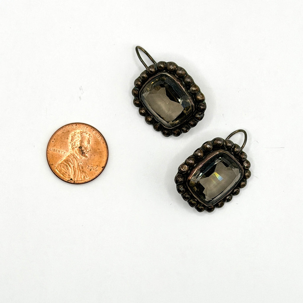 Vintage 90s Stamped Sterling Silver Smoky Quartz Cushion Drop Earrings