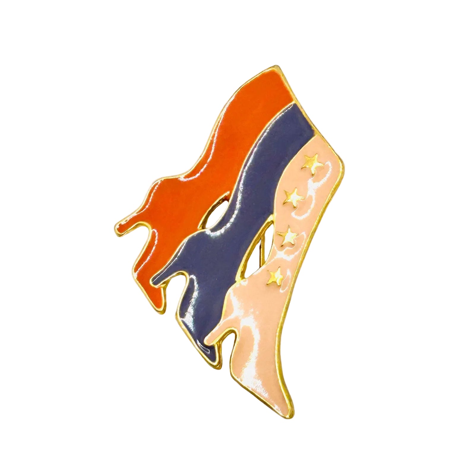 Colorful high-heeled shoe pin with orange, blue, and pink colors on a white background