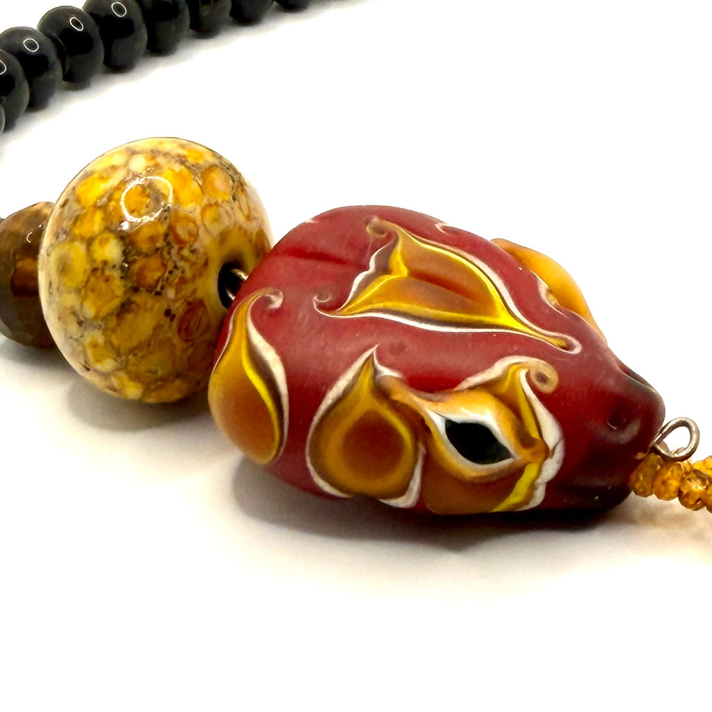 Vintage 90s Ruby Golden Topaz Tiger's Eye Dragon Head Glass Bead Necklace