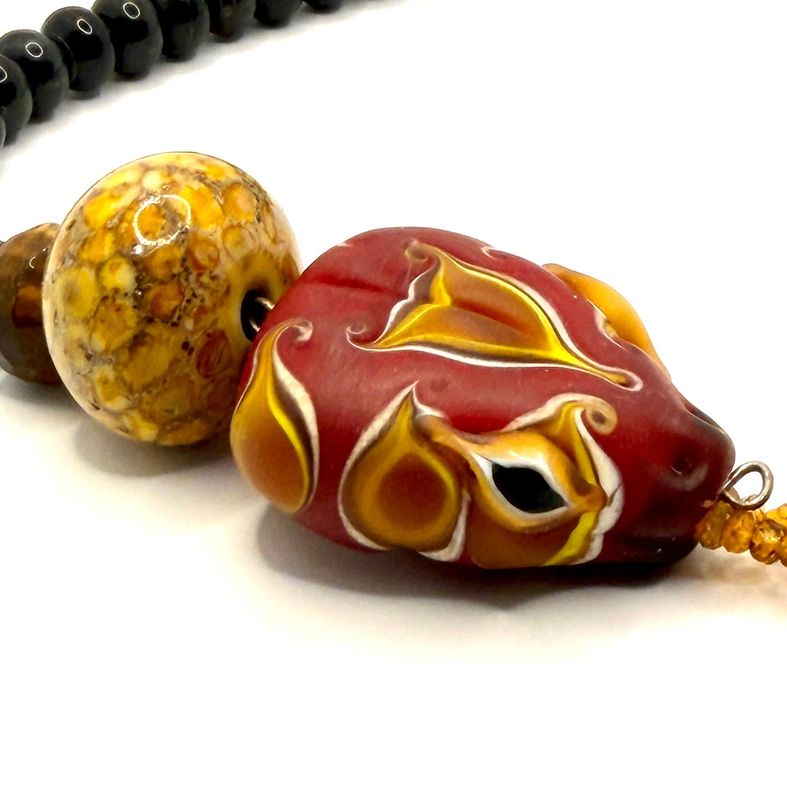 Vintage 90s Ruby Golden Topaz Tiger's Eye Dragon Head Glass Bead Necklace