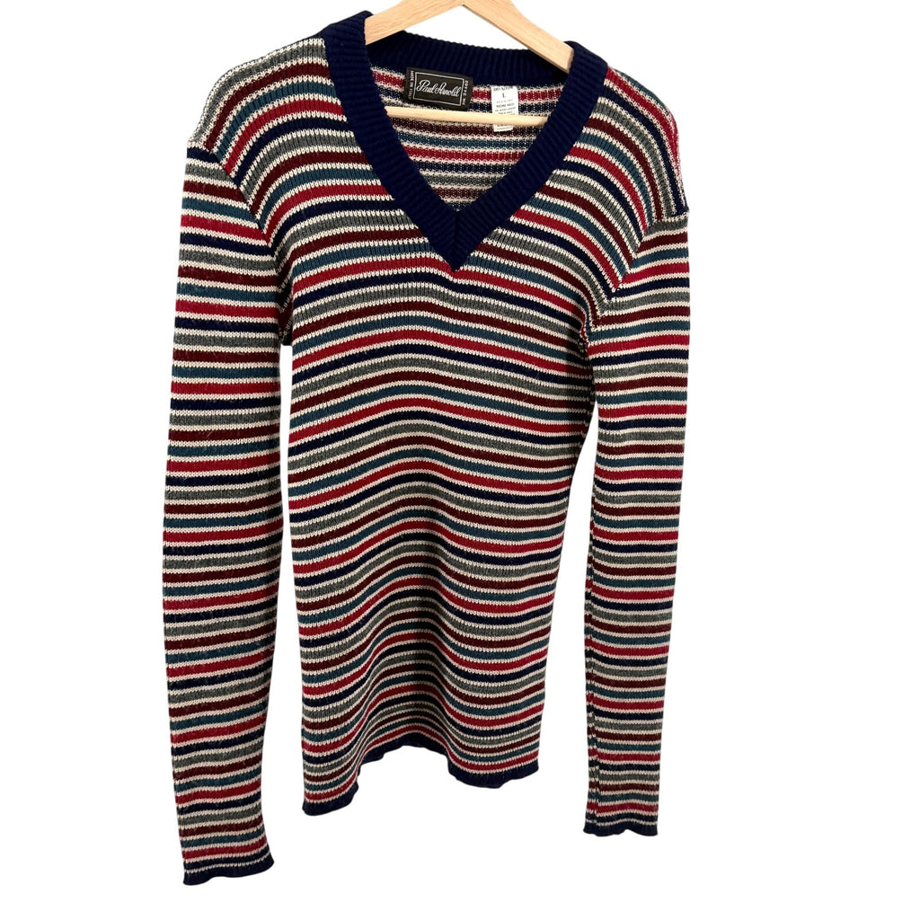 Vintage 70s Paul Arnold Navy Red Striped Knit V-Neck Sweater