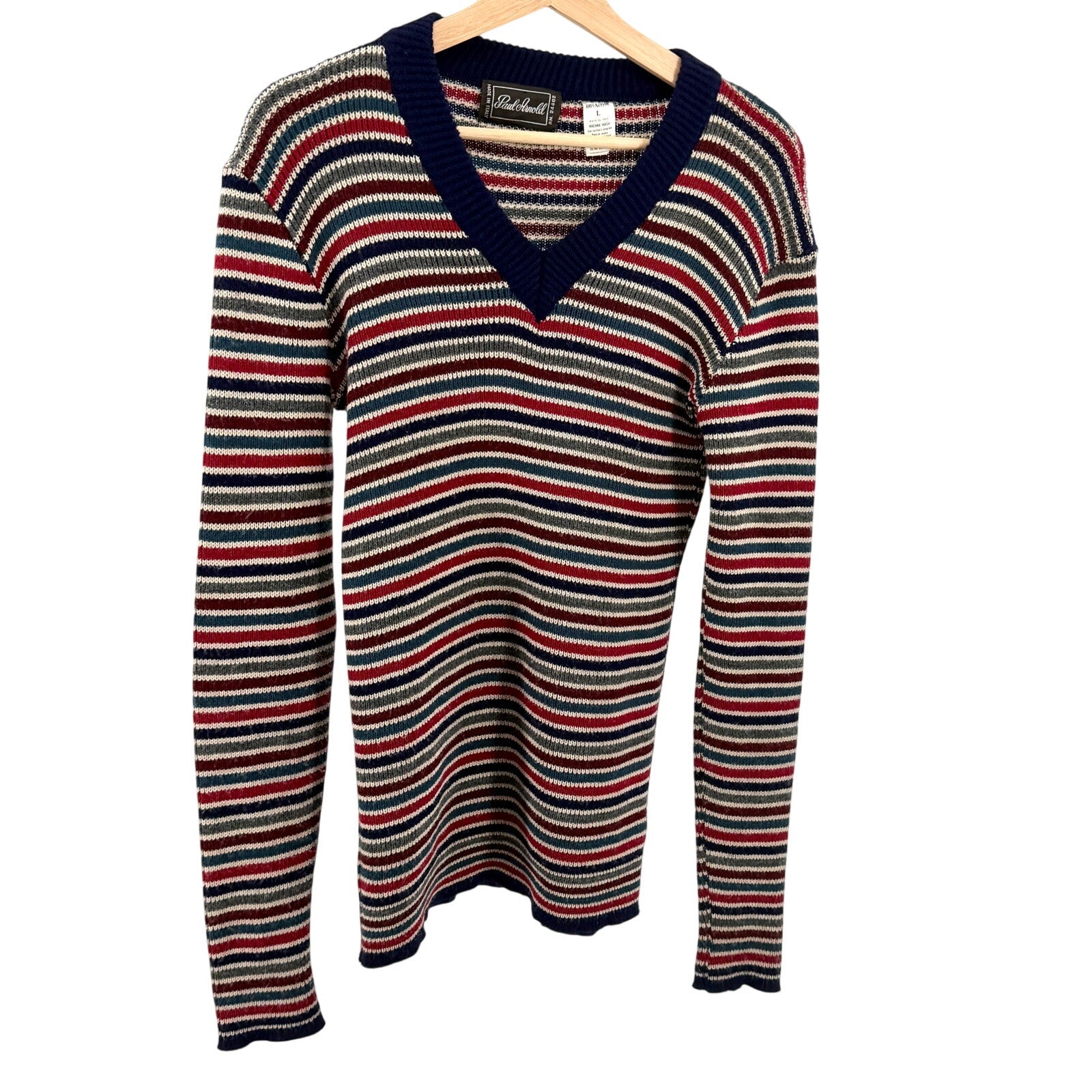 Vintage 70s Paul Arnold Navy Red Striped Knit V-Neck Sweater