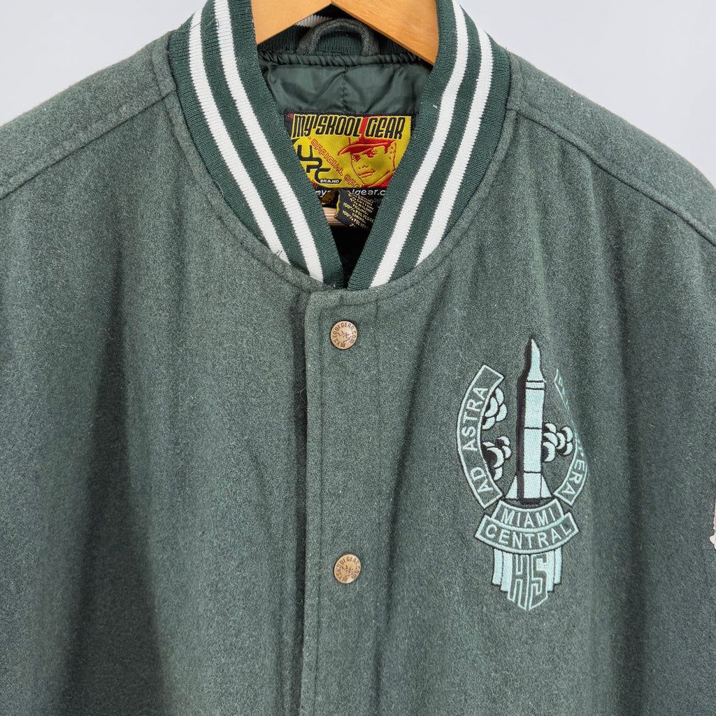 Vintage Y2K My Skool Gear Green White Miami Central Rockets Varsity Jacket