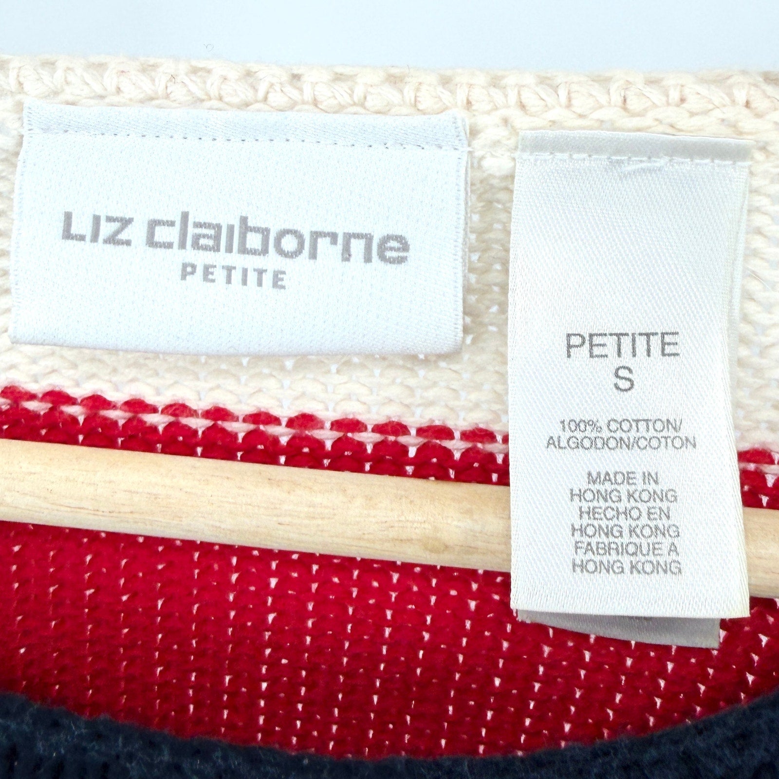 Vintage Y2K Liz Claiborne Petite Navy Cream 100% Cotton American Flag Sweater