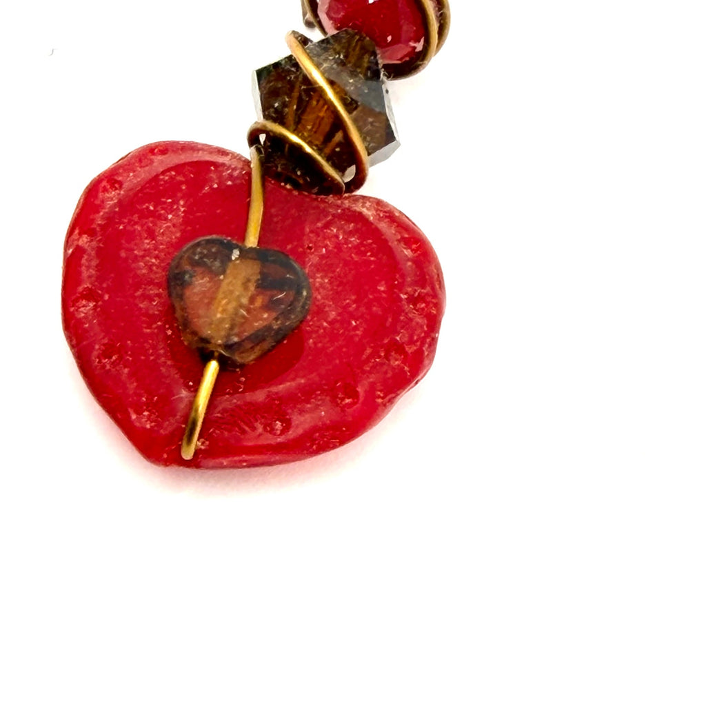 Vintage 90s Red Wire Wrapped Glass Heart Beaded Drop Earrings