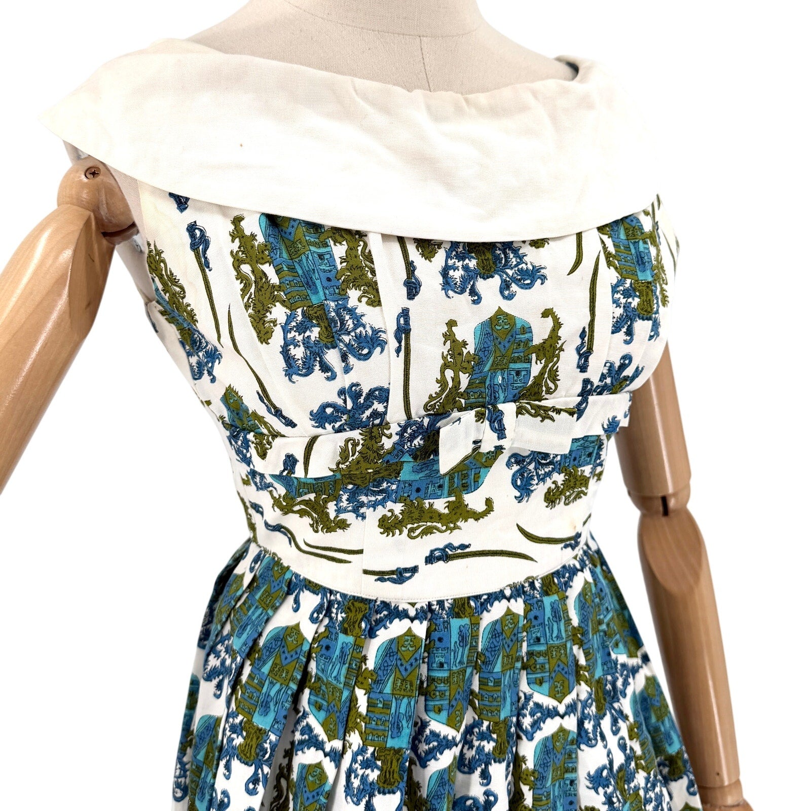Vintage 60s Custom Made White Blue Crest Portrait Collar Mini Dress