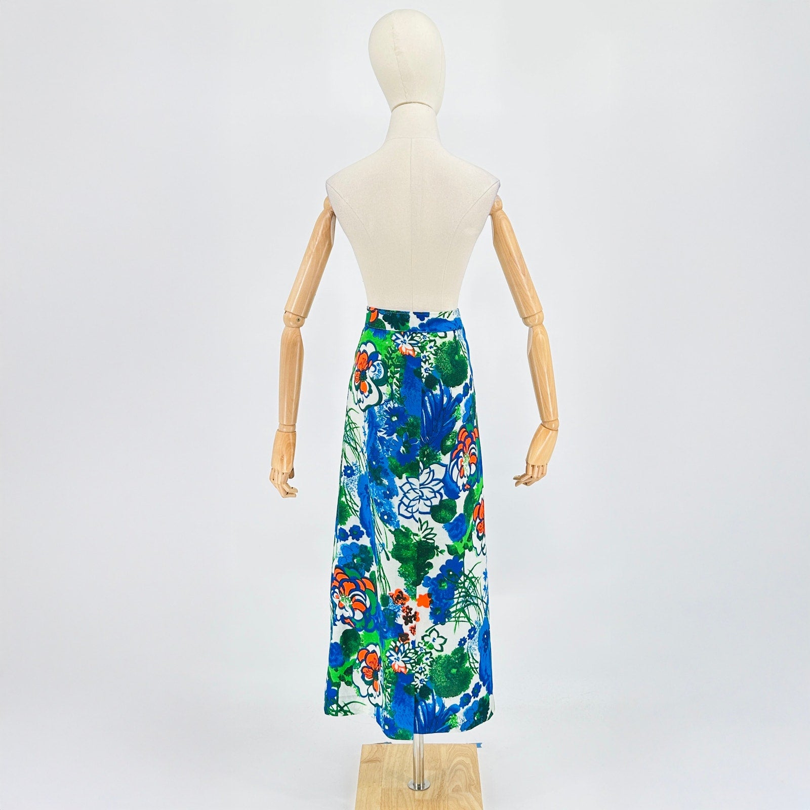 70s Handmade Blue Green Painterly Abstract Floral Maxi Skirt
