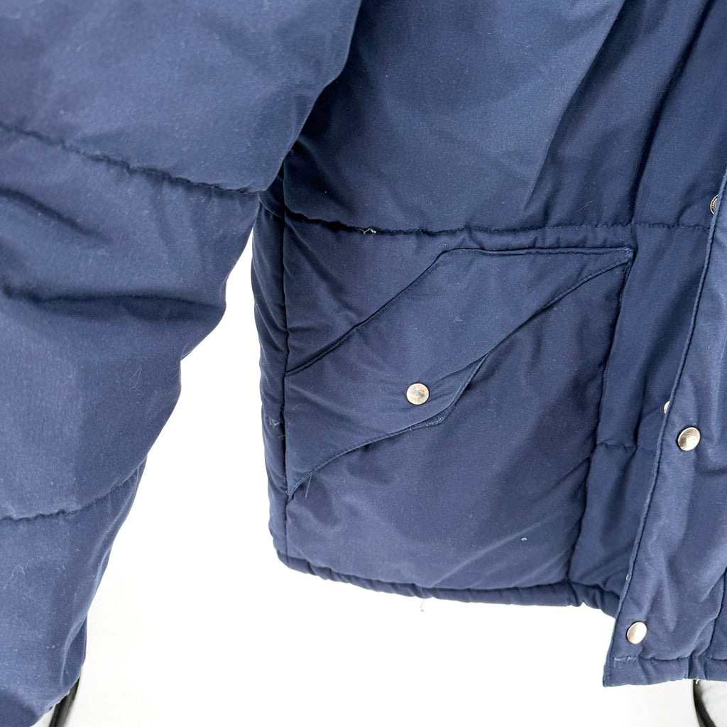 Vintage 70s Sears Navy Blue Snapped Removable Hood Puffer Parka Jacket