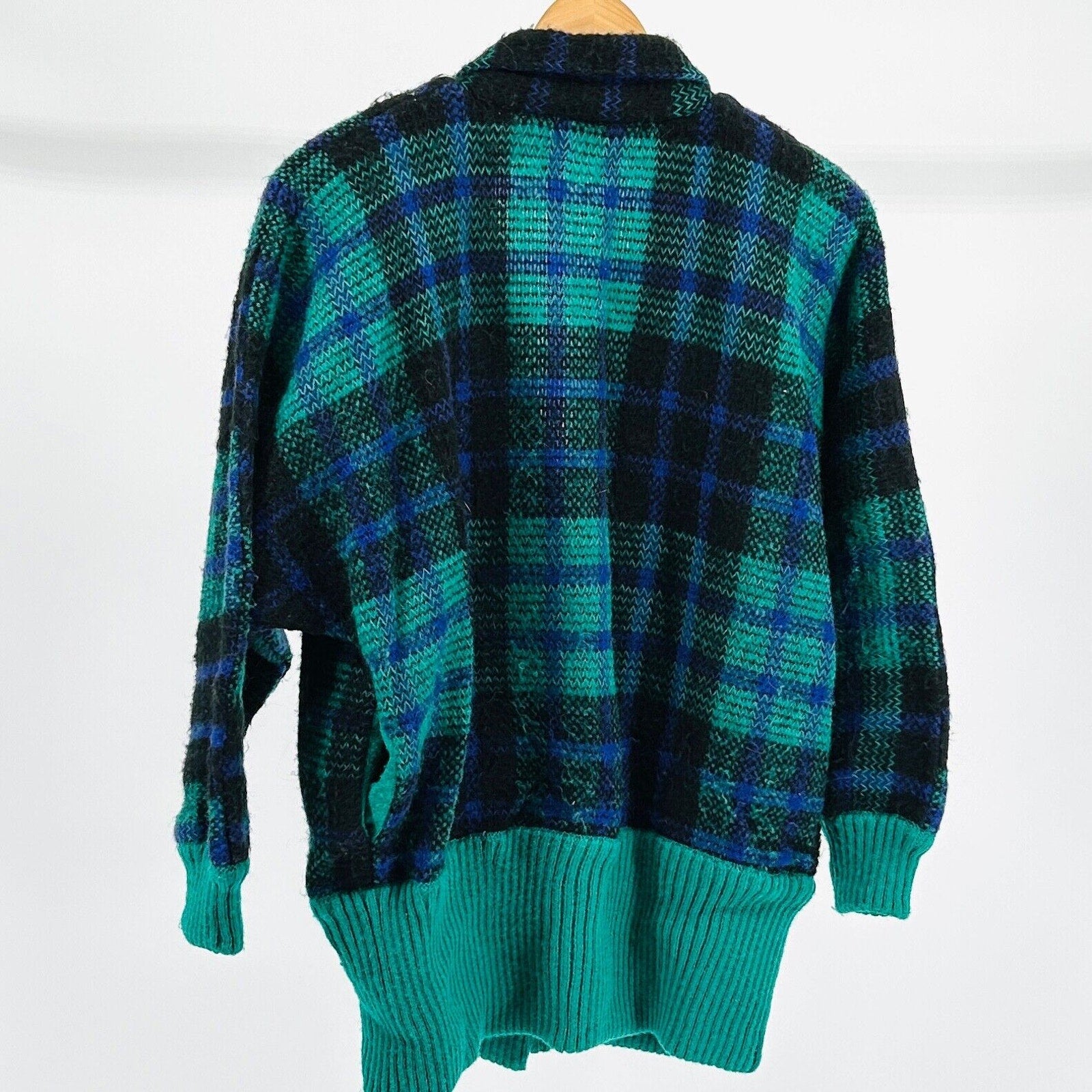 Vintage 80s Samuel Jason Green Blue Plaid Oversized Shoulder Pad Knit Cardigan