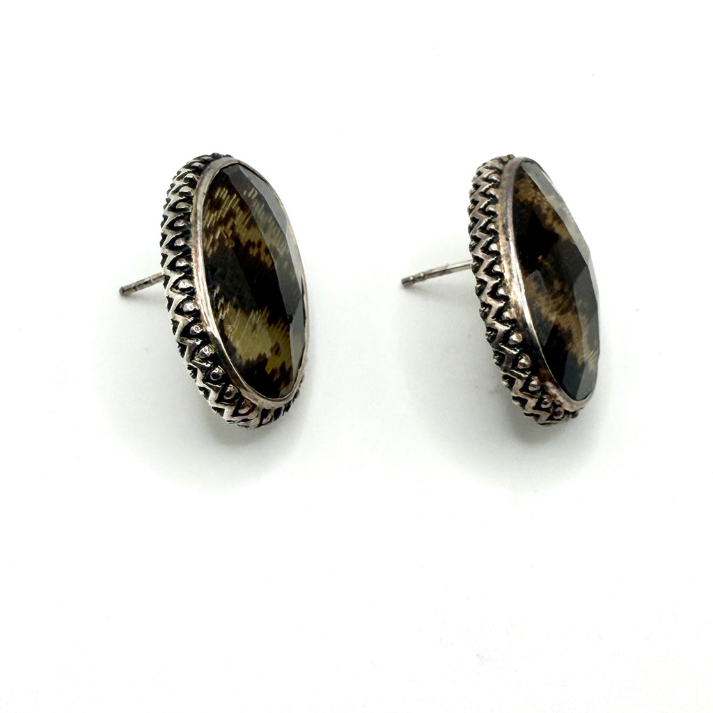 Vintage 90s Amy Kahn Russell Sterling Silver Tiger Eye Oval Post Earrings