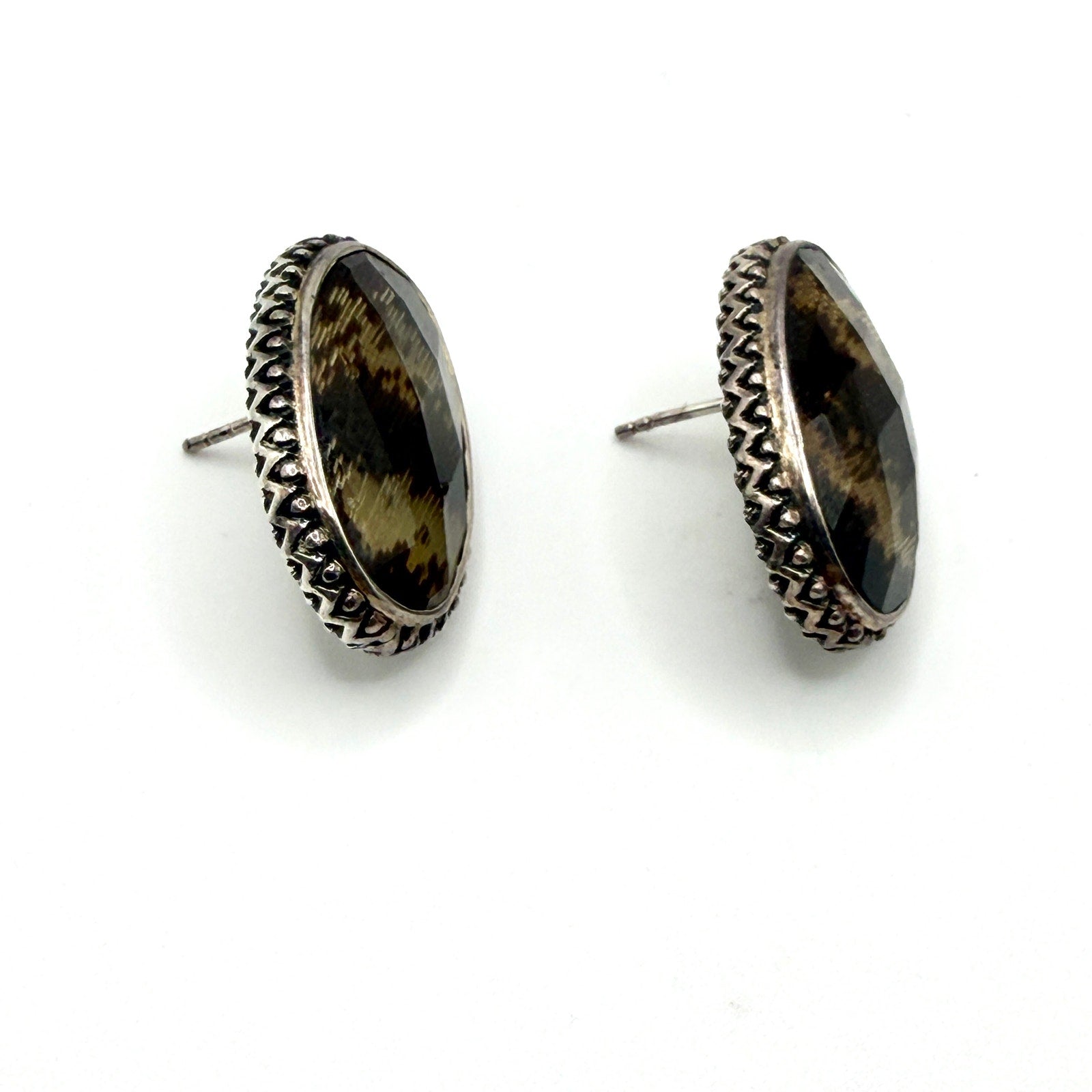 Vintage 90s Amy Kahn Russell Sterling Silver Tiger Eye Oval Post Earrings