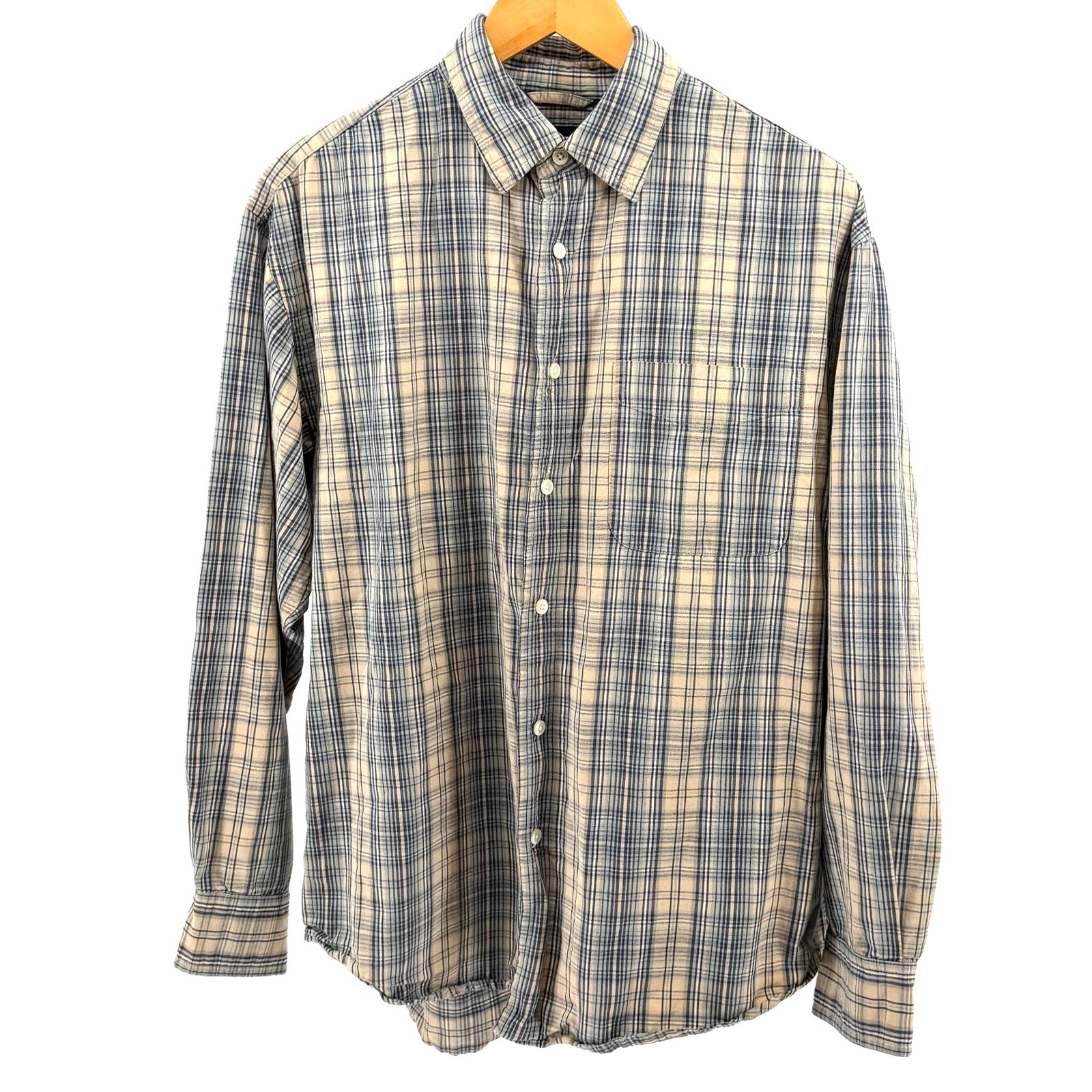Vintage Y2K Gap Blue Tan Plaid 100% Cotton Minimalist Grunge Button Down Shirt