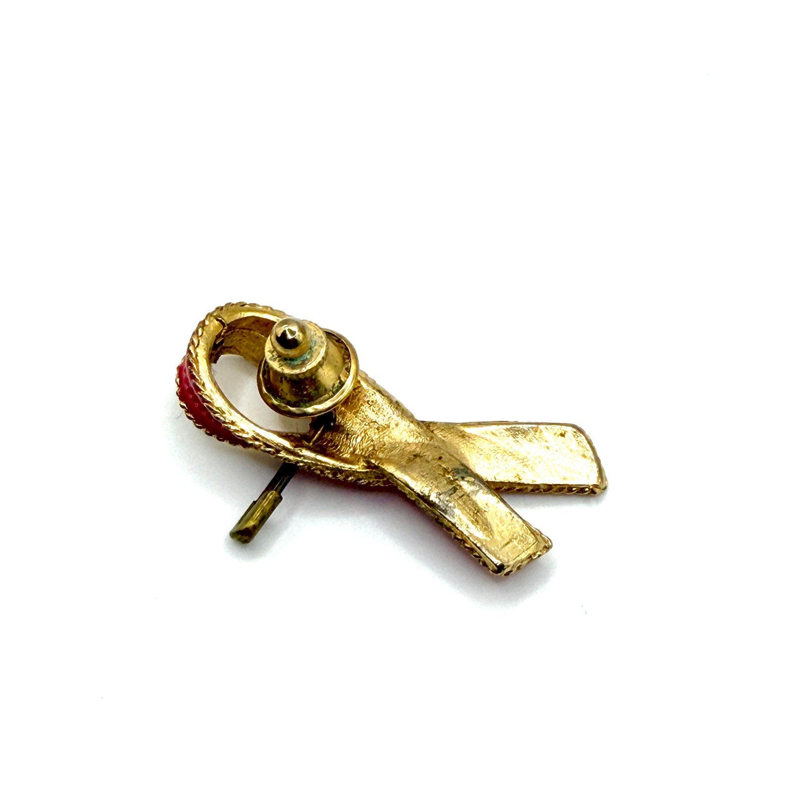 Vintage 80s Red Gold Enamel AIDS Awareness Ribbon Lapel Pin