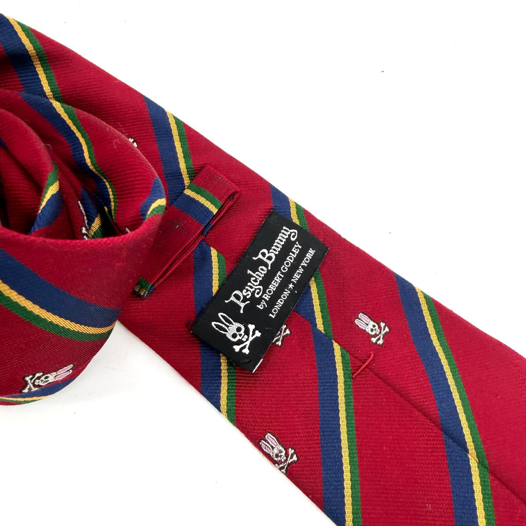 Psycho Bunny Red 100% Silk Striped Crest Traditional Necktie