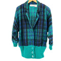 Vintage 80s Samuel Jason Green Blue Plaid Oversized Shoulder Pad Knit Cardigan