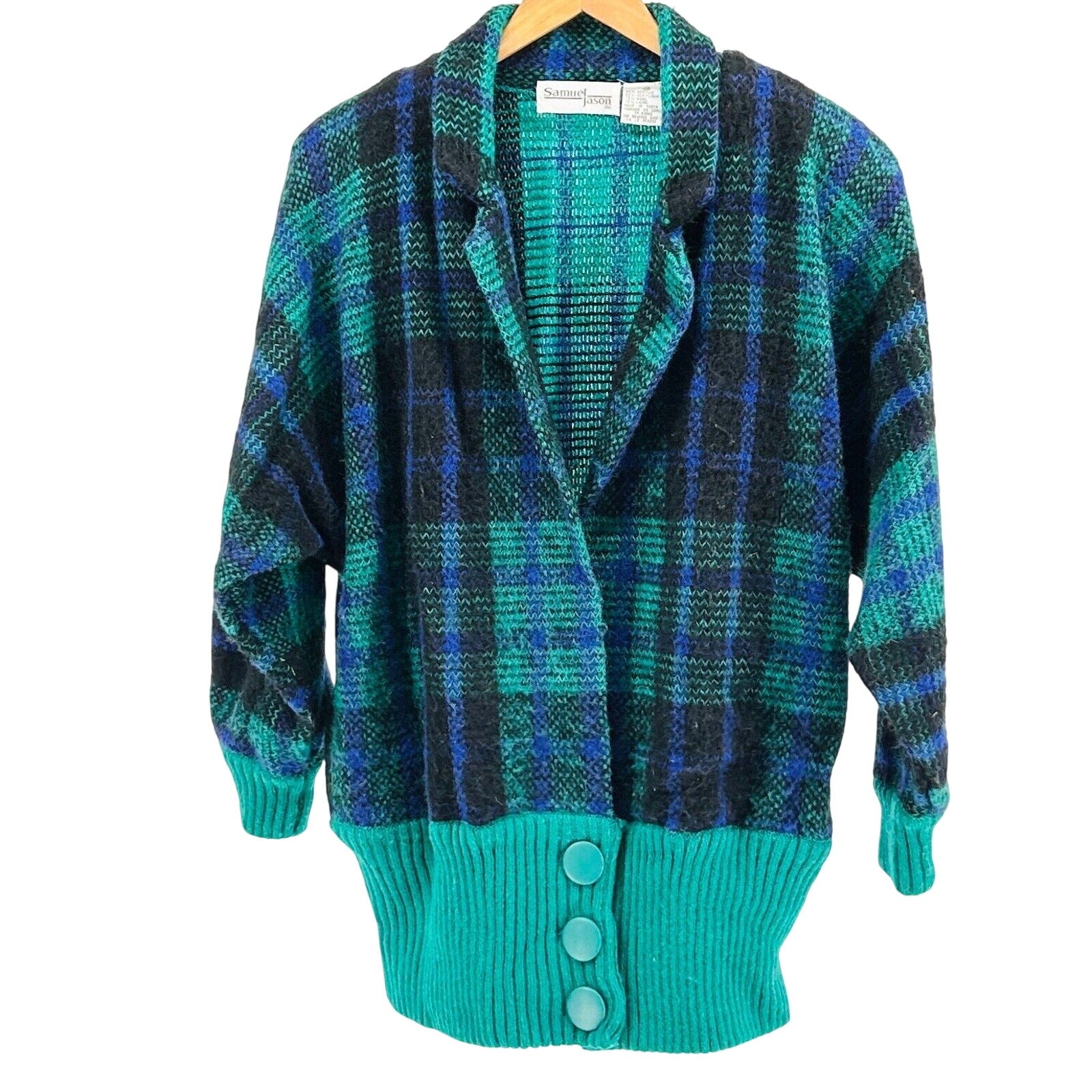 Vintage 80s Samuel Jason Green Blue Plaid Oversized Shoulder Pad Knit Cardigan
