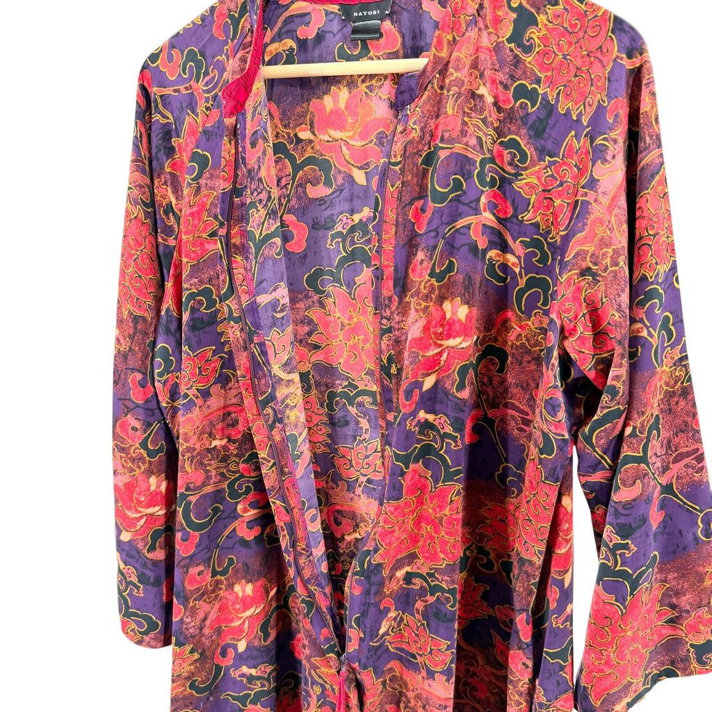 Vintage Y2K Natori Red Purple Asian Floral Half Zip Nightgown Kaftan