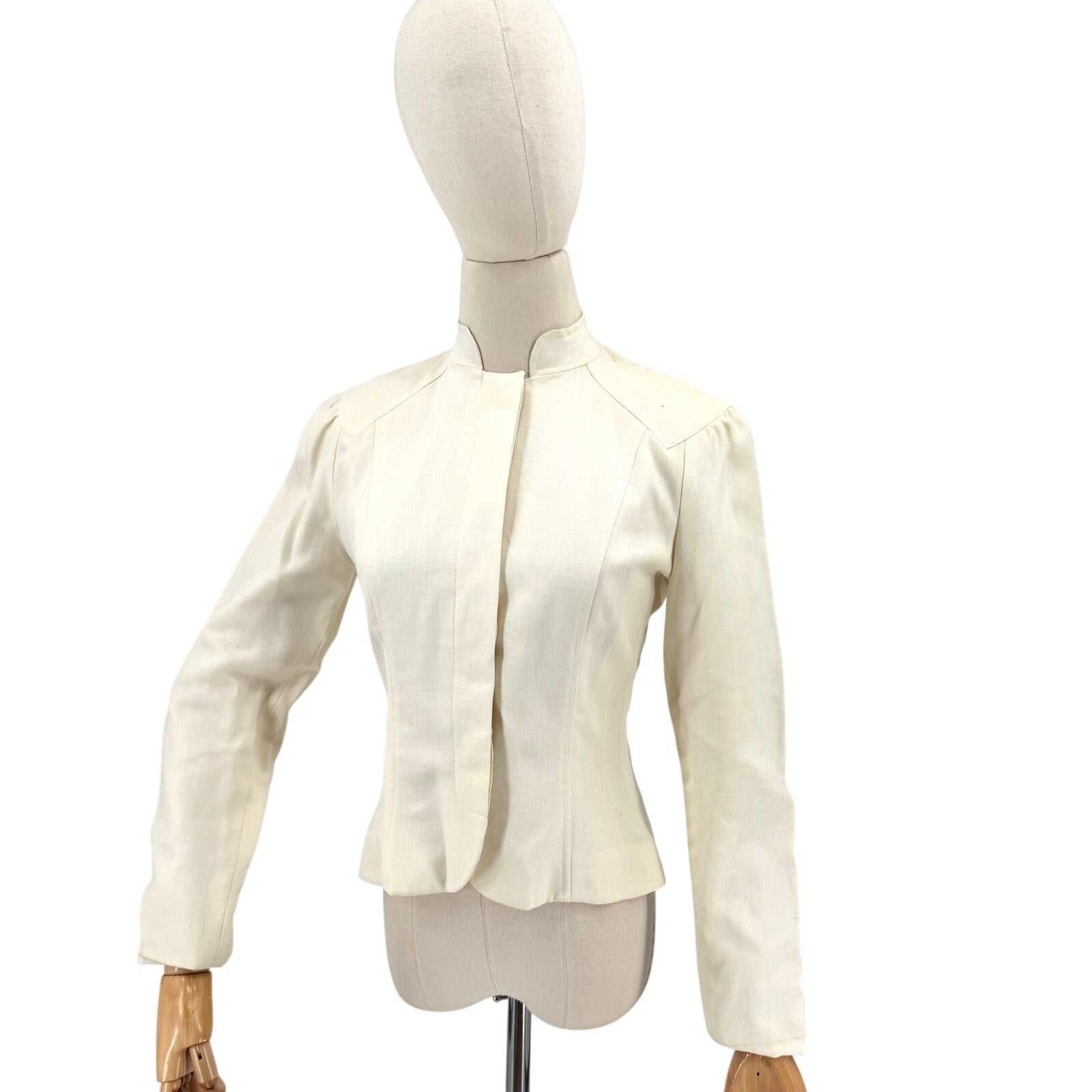 Vintage 80s Albert Nipon Cream Linen Puff Sleeve Jacket