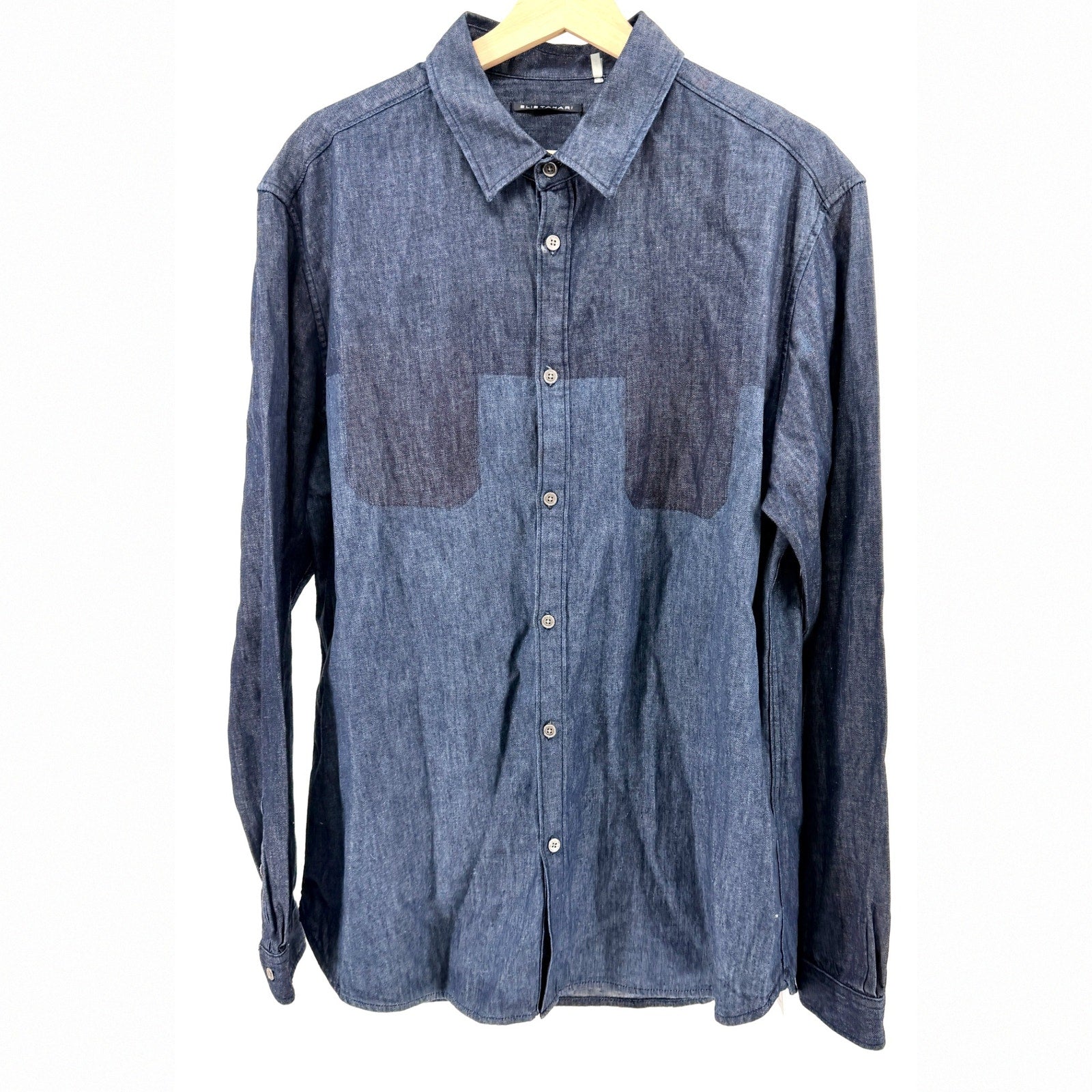 Elie Tahari Blue Cotton Linen Chambray Colorblock Patchwork Shirt