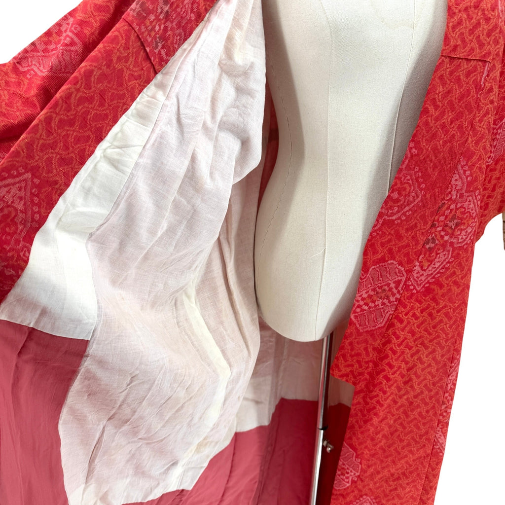 Vintage 50s Showa Era Red Orange 100% Woven Tsumugi Silk Kasuri Ikat Kimono Robe