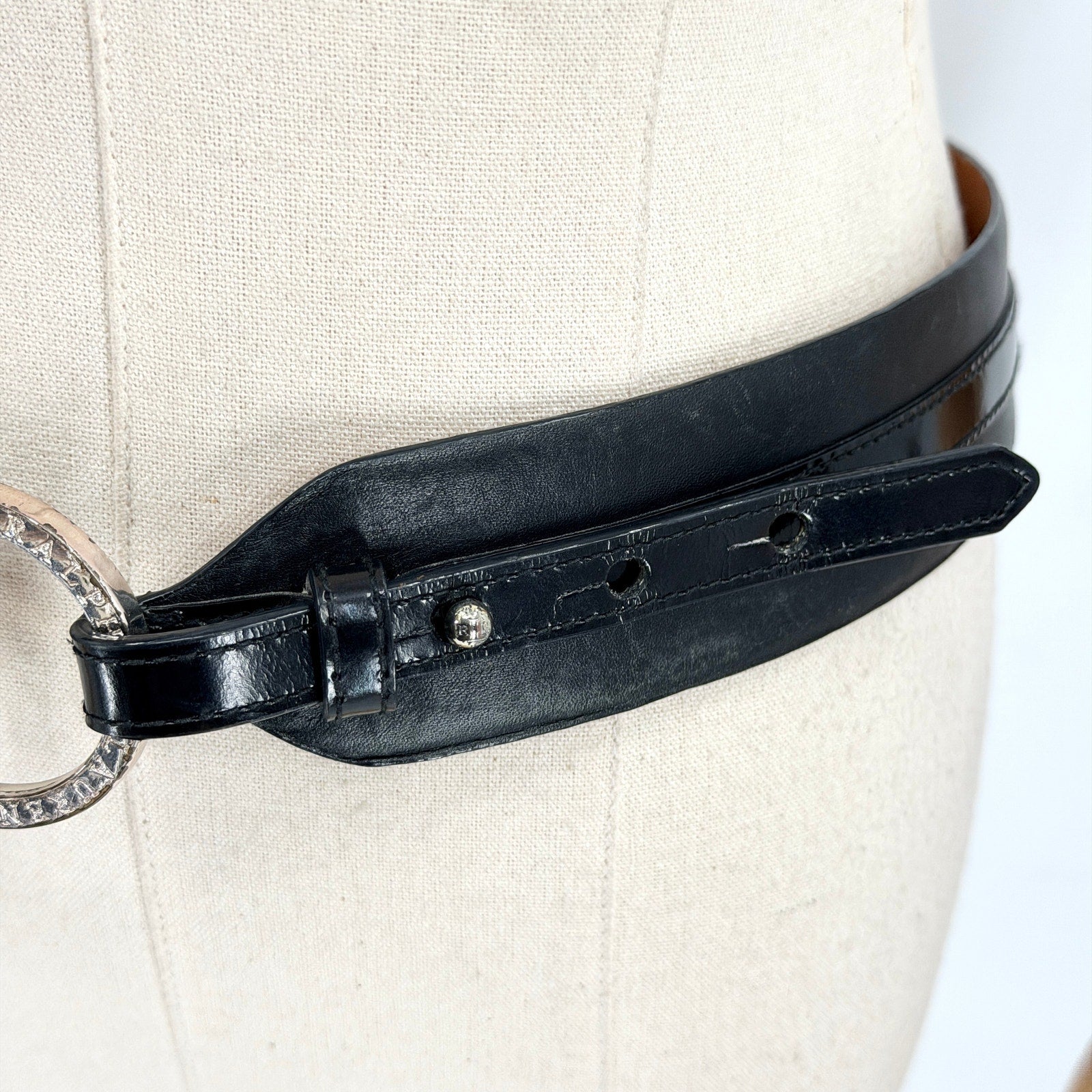 Lauren Ralph Lauren Wide Black Italian Leather O-Ring Adjustable Belt