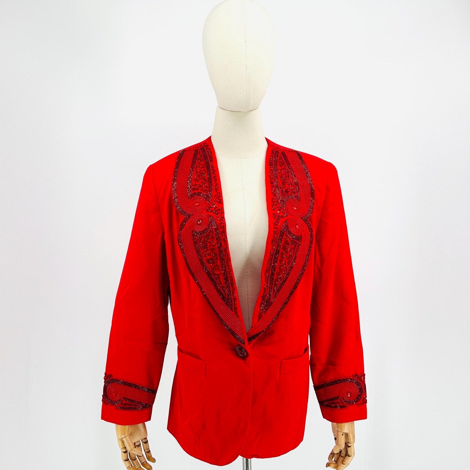 Vintage 80s Chancele Red Beaded 100% Linen Embellished Blazer