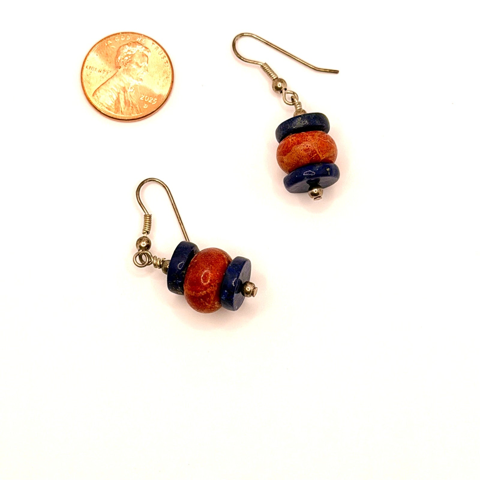 Vintage 90s Blue Lapis Red Sponge Coral Beaded Drop Earrings